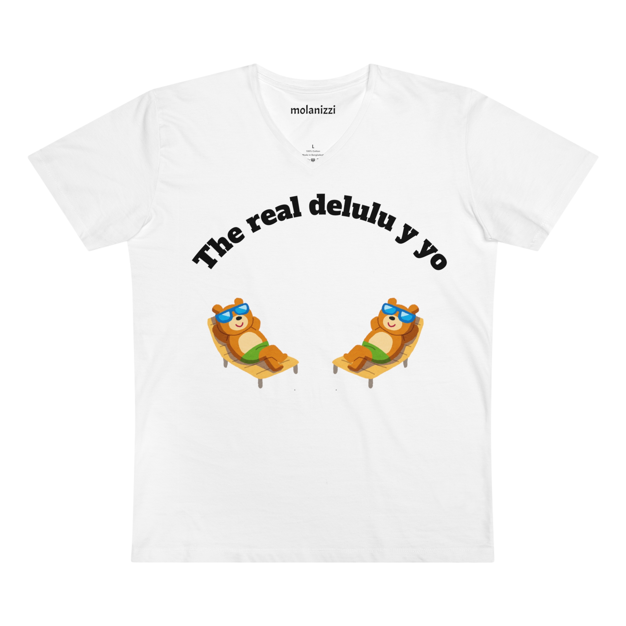 White v-neck tee with "The real delulu y yo" graphic and lounging bears