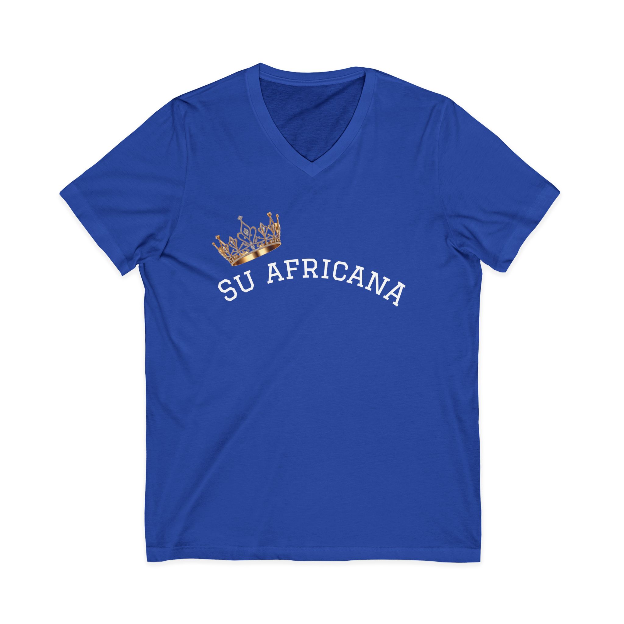 V-neck tee with "Su Africana" & crown graphic, unisex casual fashion