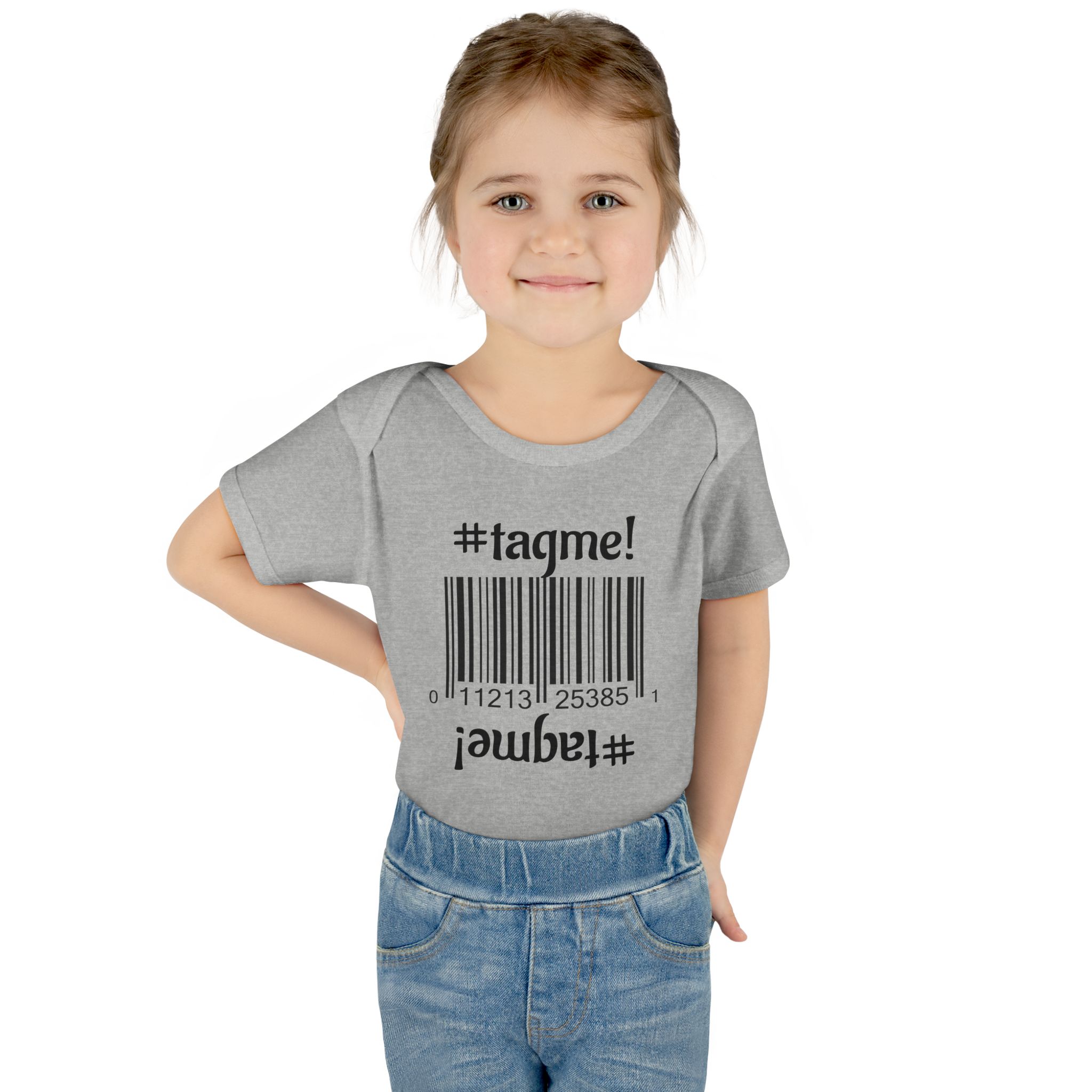 Cotton baby bodysuit with barcode and #tagme design by Molanizzi