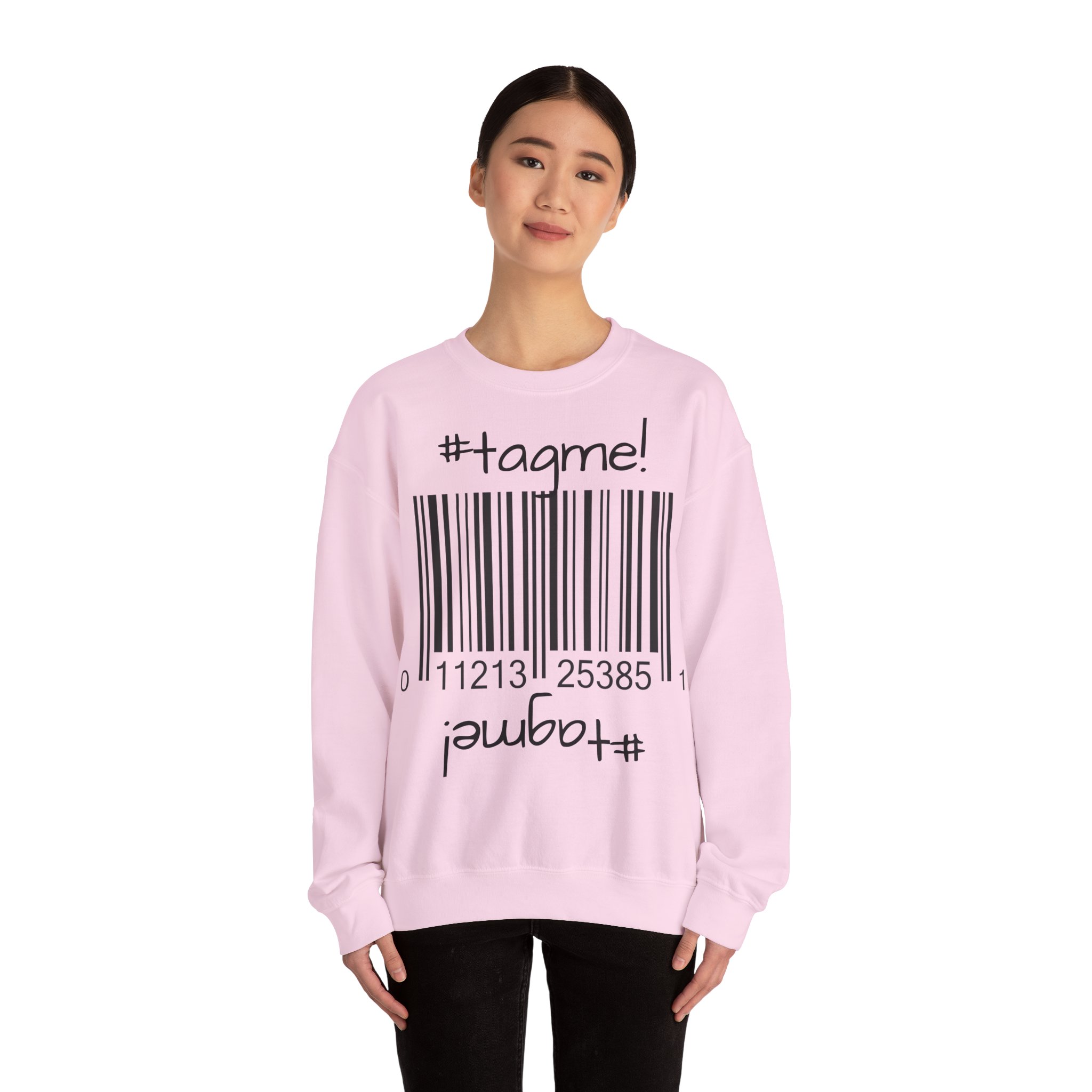 Crewneck sweatshirt with "#tagme!" barcode graphic by Molanizzi