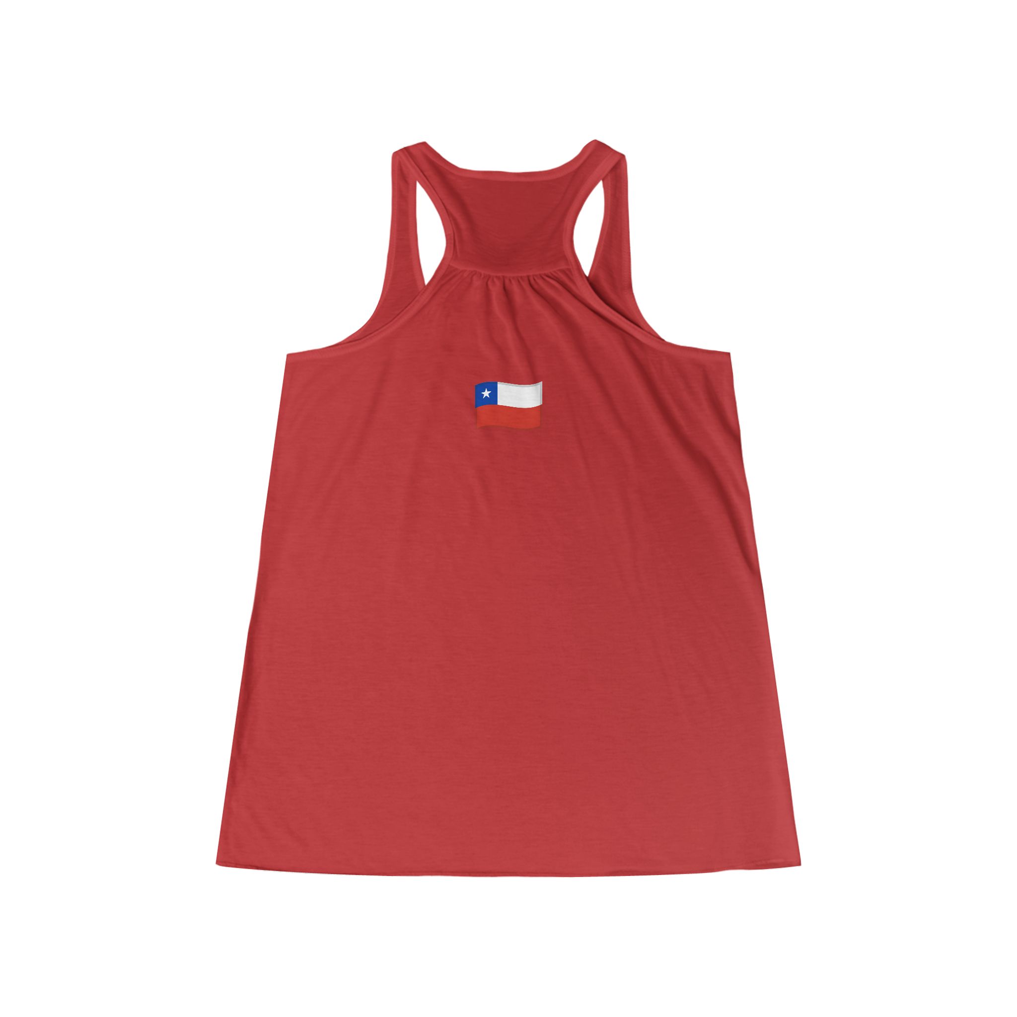 Molanizzi Chilean Elegance Racerback Tank: Red flowy top with Chilean flag. Women's summer tank, perfect for travel.