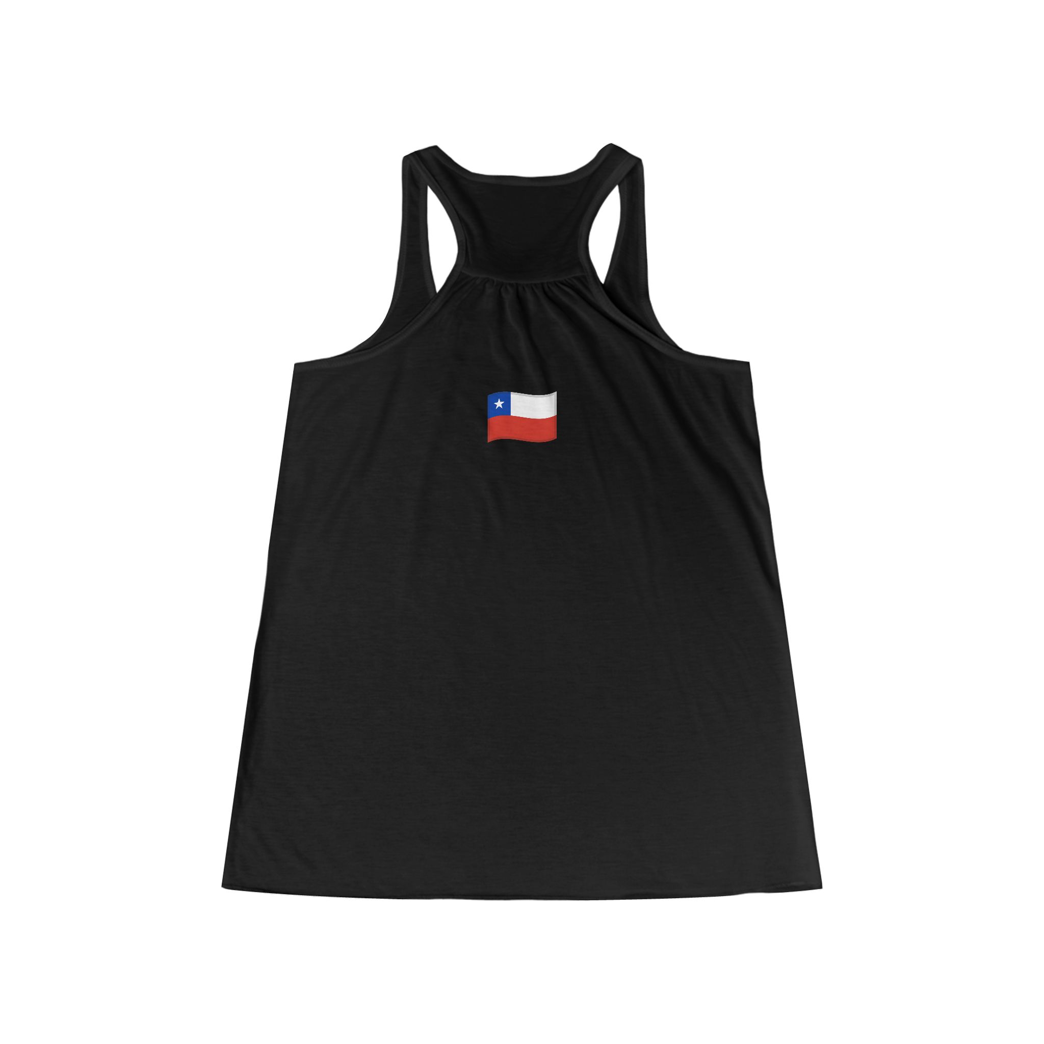 Molanizzi Chilean Elegance Tank: Black racerback flowy top with Chile flag. Summer casual style.