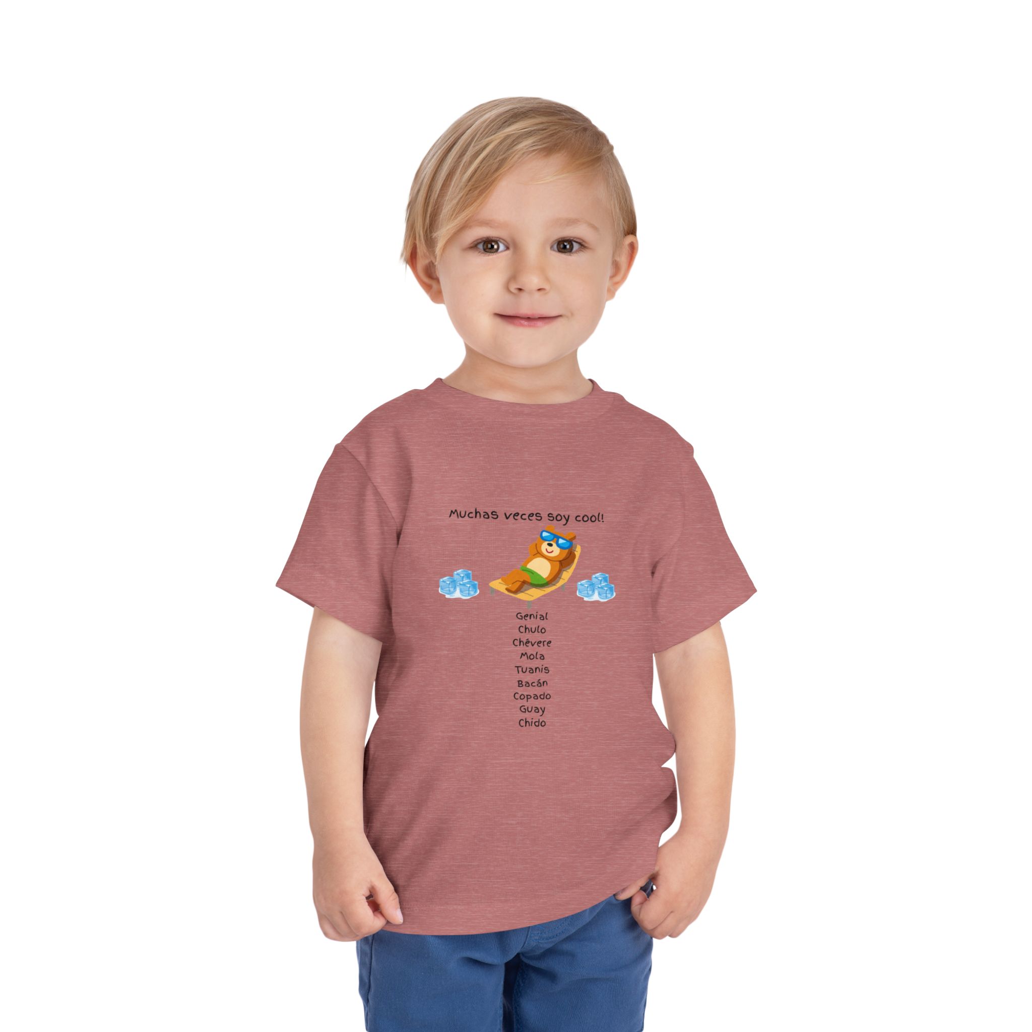 Toddler tee with "Muchas veces soy cool!" Spanish text and bear graphic