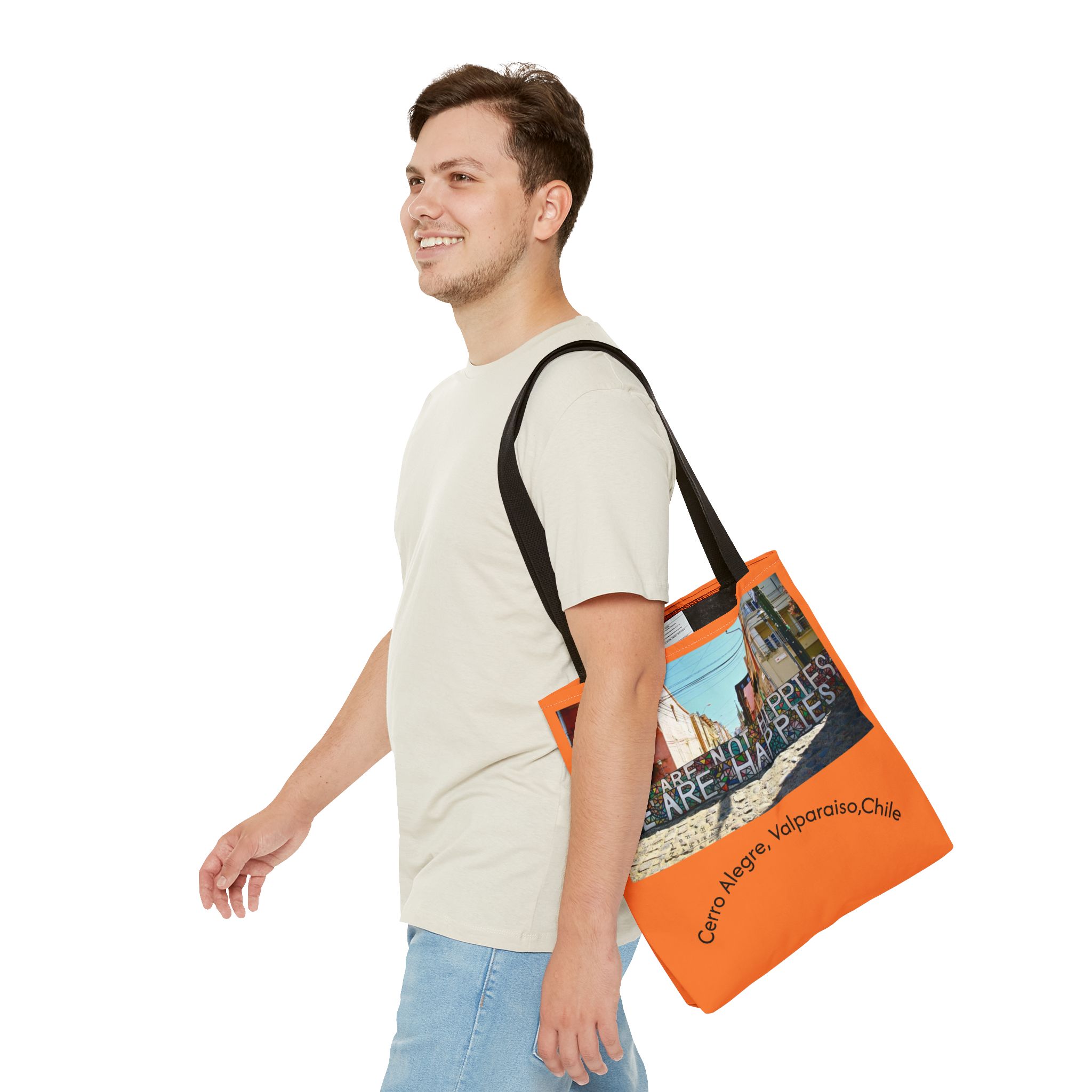 Orange colored Statement Tote bag with Valparaiso Graphic. By Molanizzi