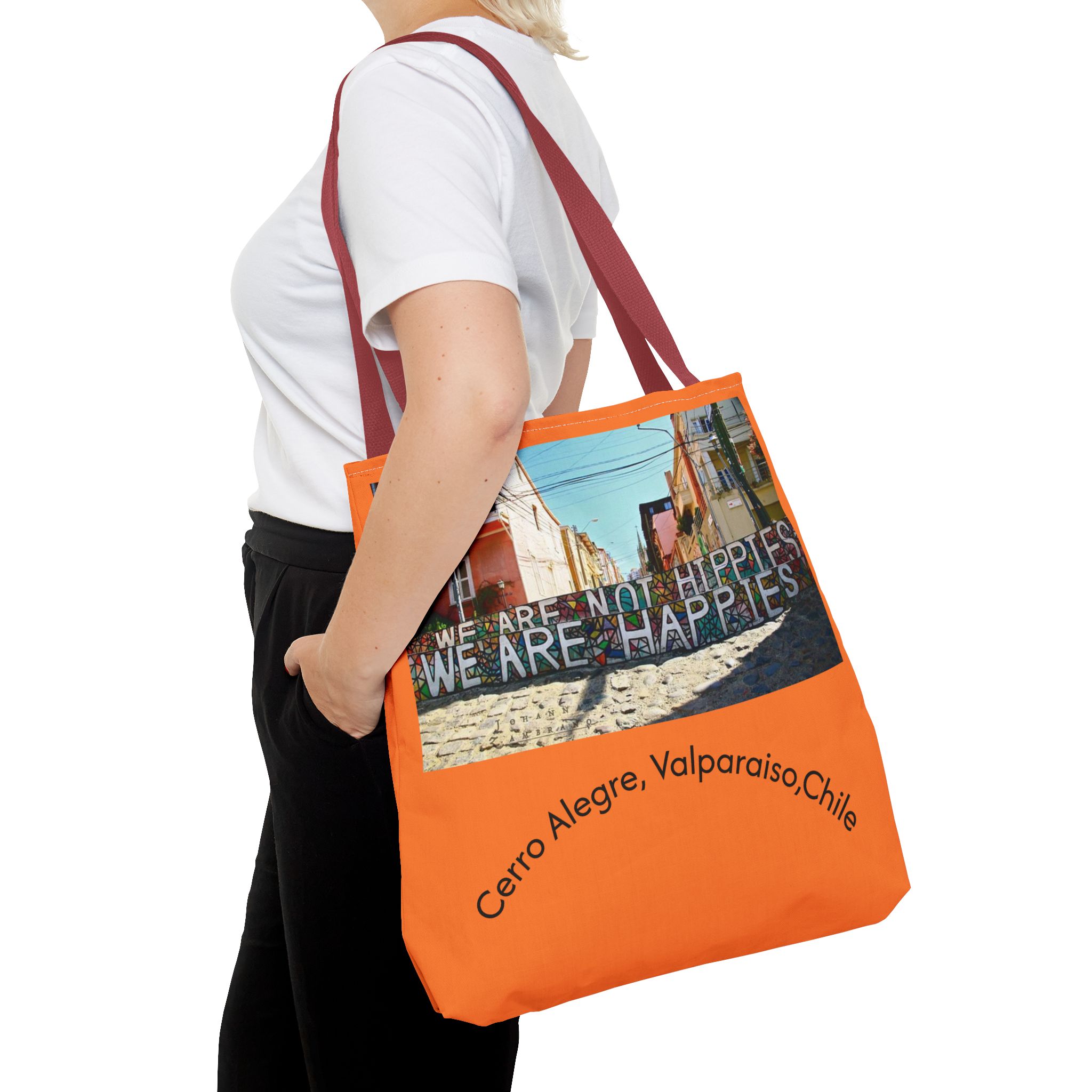 Orange colored Statement Tote bag with Valparaiso Graphic. By Molanizzi