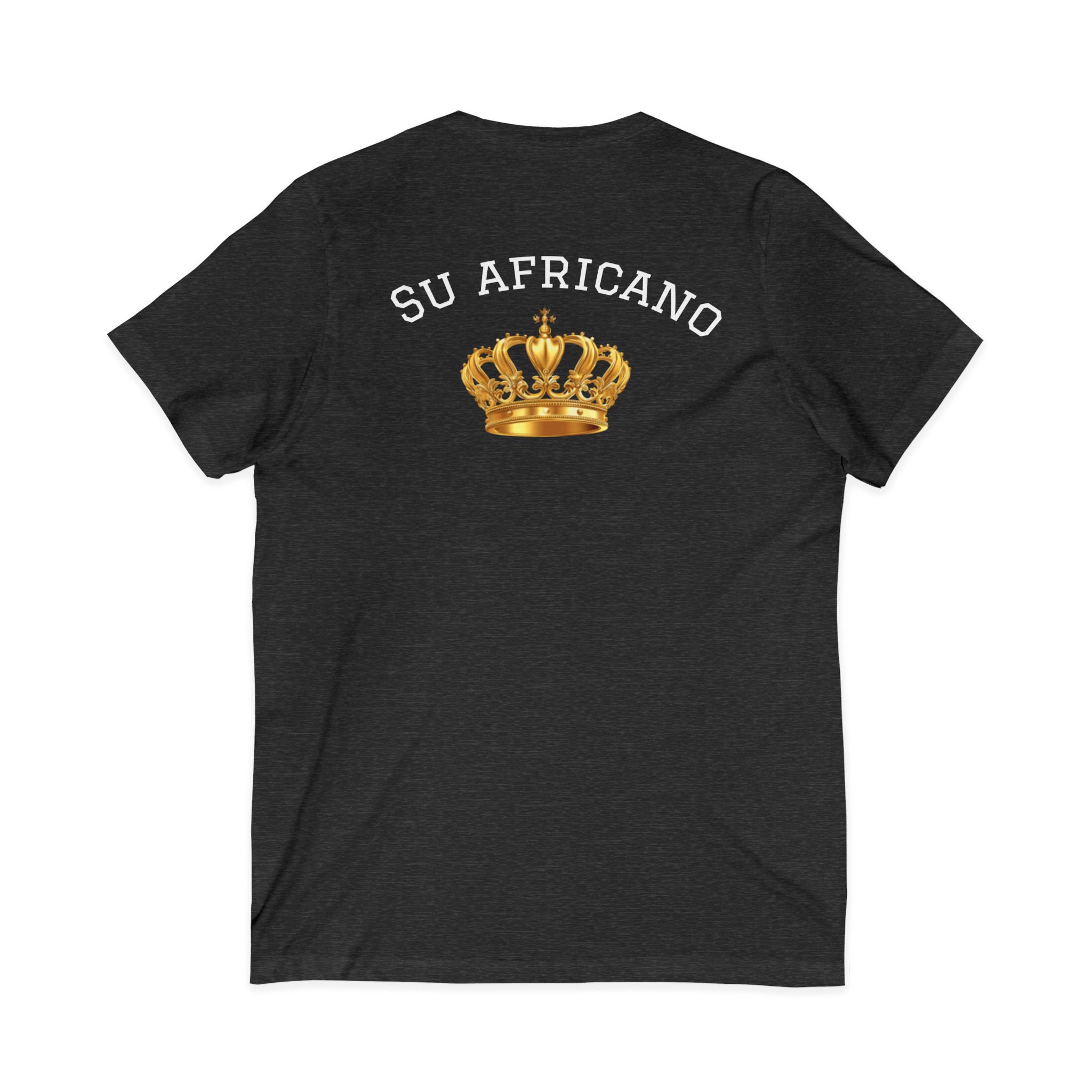 Unisex V-neck tee with "Su Africano" text and gold crown graphic