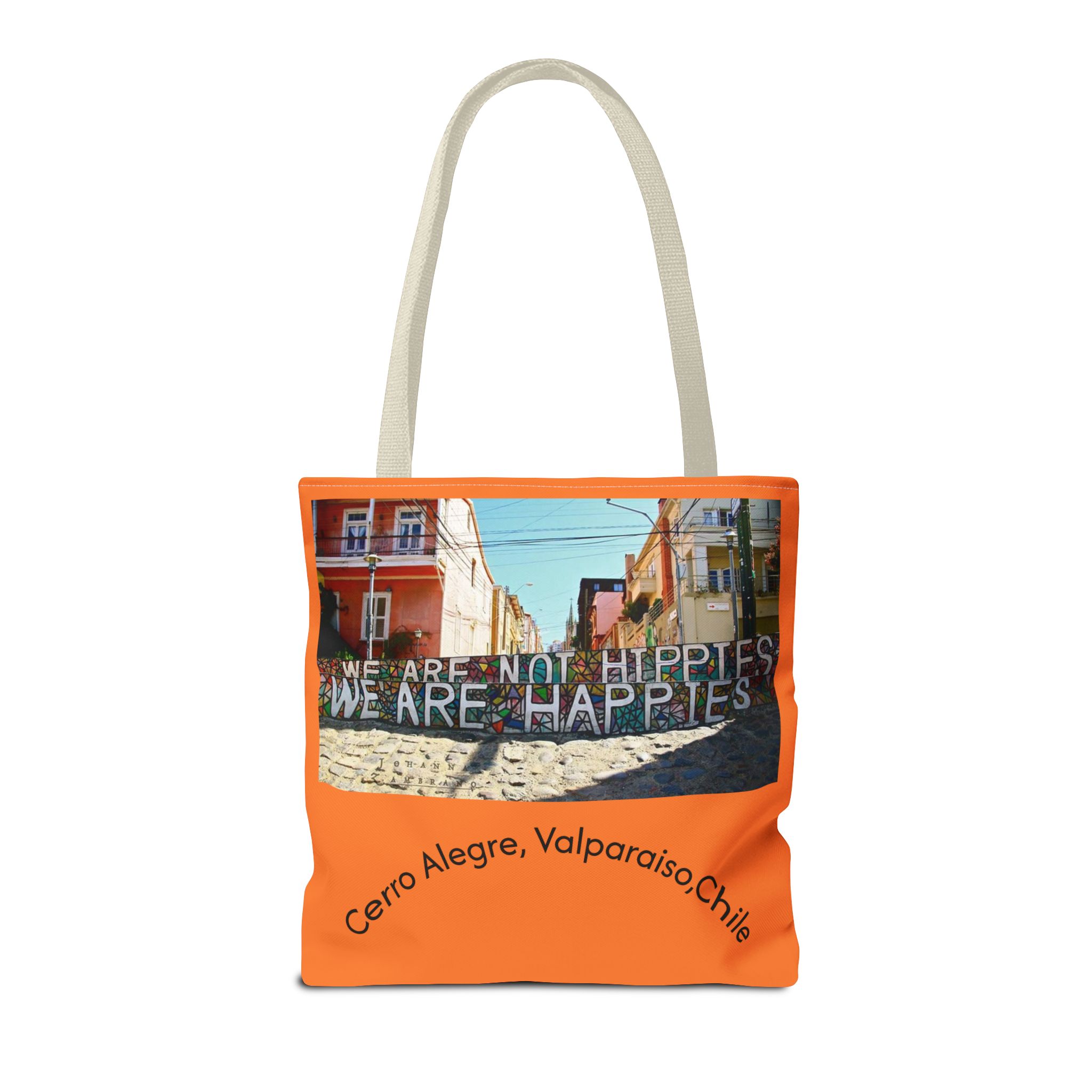 Orange colored Statement Tote bag with Valparaiso Graphic. By Molanizzi