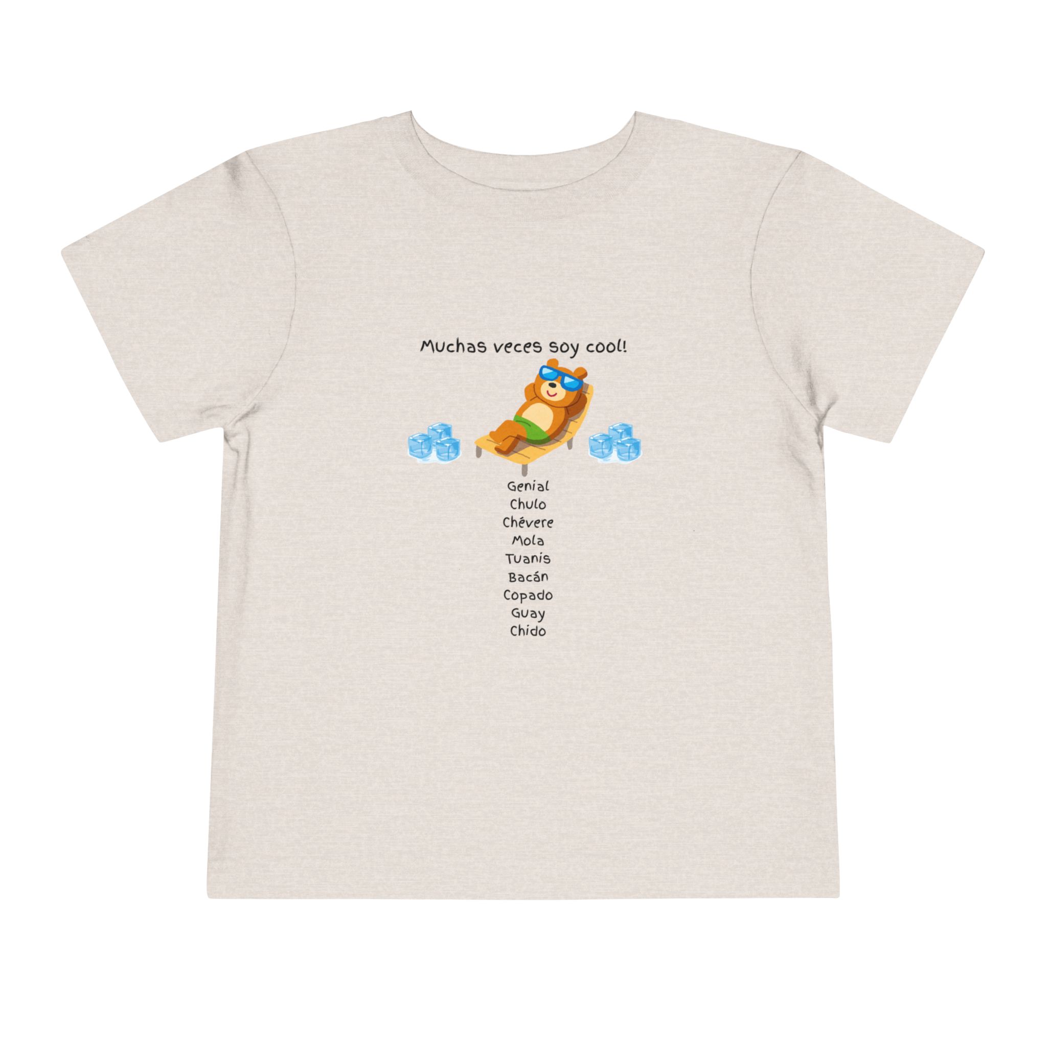 Toddler tee with "Muchas veces soy cool!" Spanish text and bear graphic