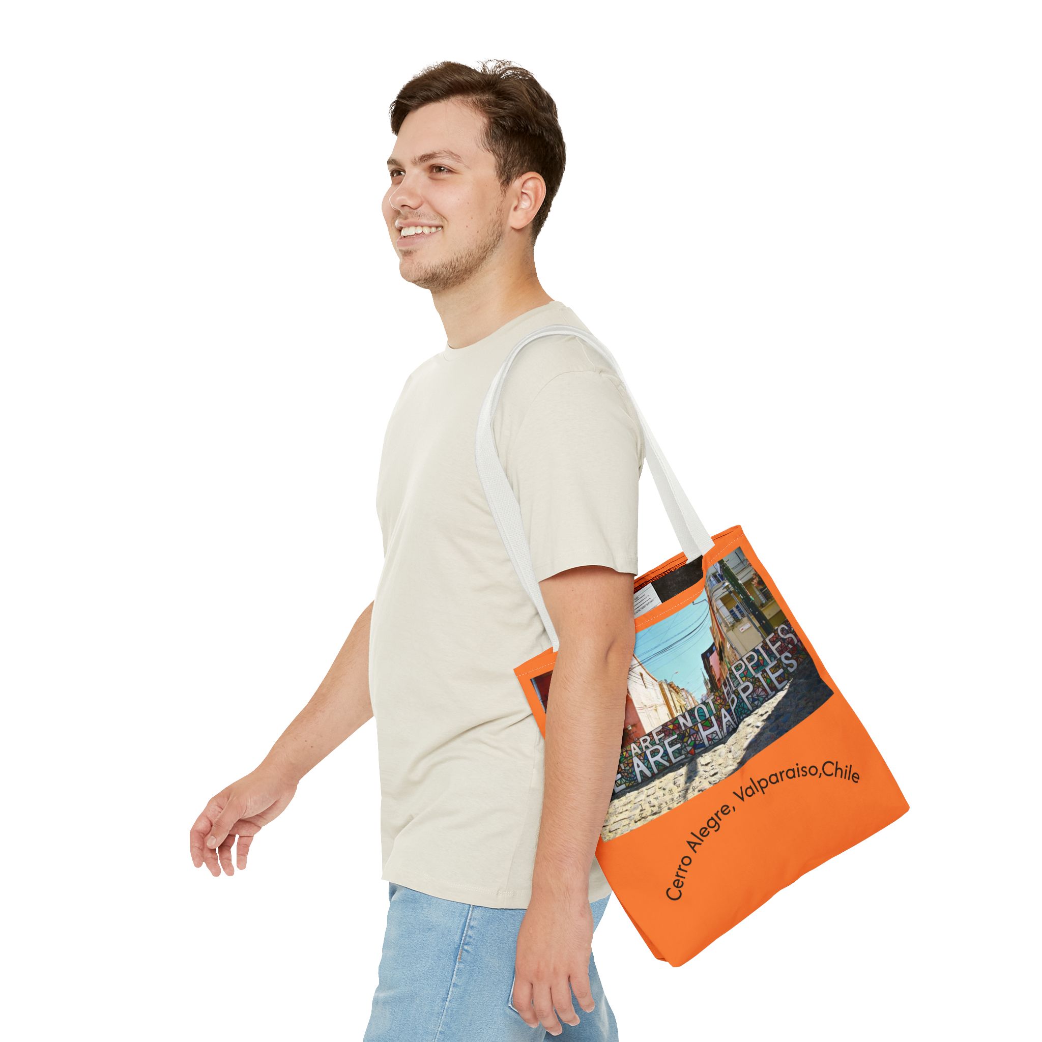 Orange colored Statement Tote bag with Valparaiso Graphic. By Molanizzi