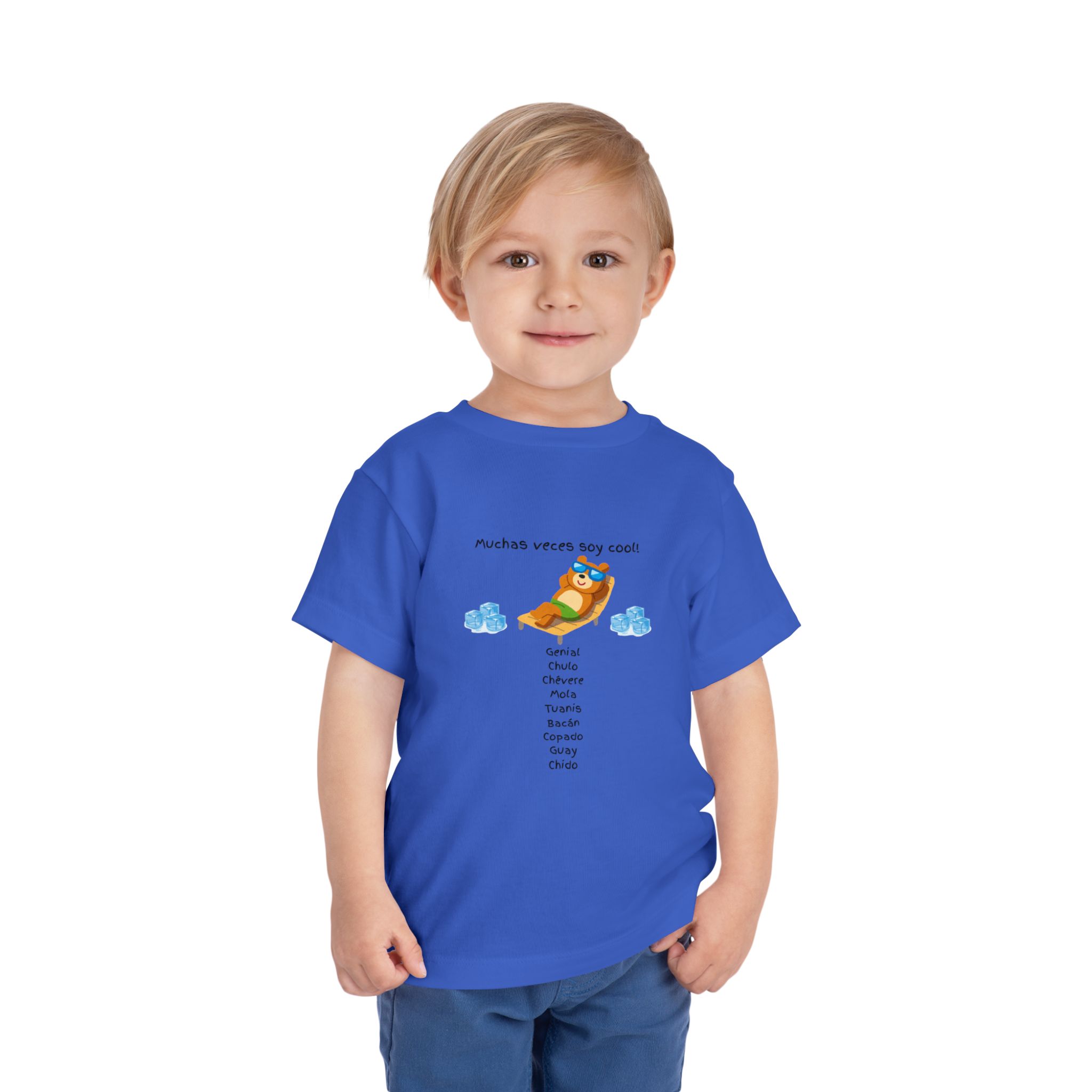 Toddler tee with "Muchas veces soy cool!" Spanish text and bear graphic