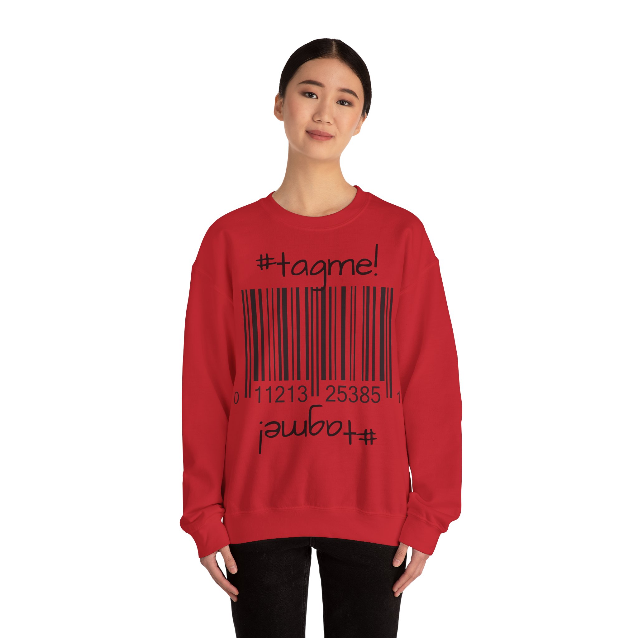 Molanizzi red crewneck sweatshirt with "#tagme!" barcode graphic.