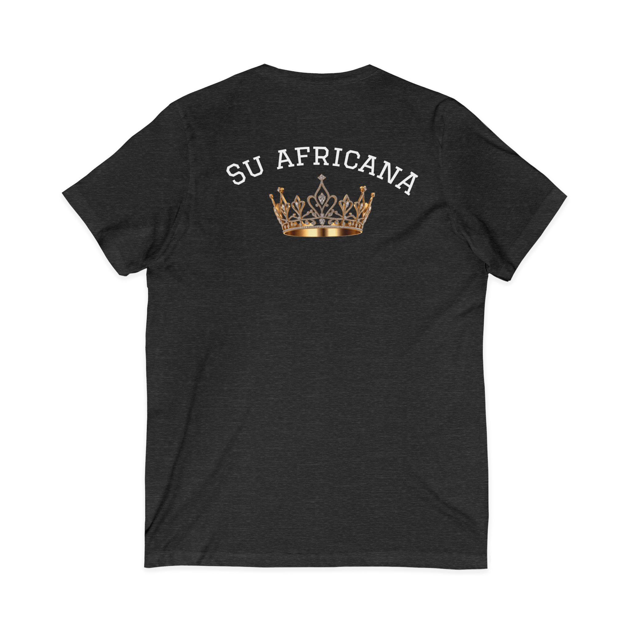 V-neck tee with "Su Africana" & crown graphic, unisex casual fashion