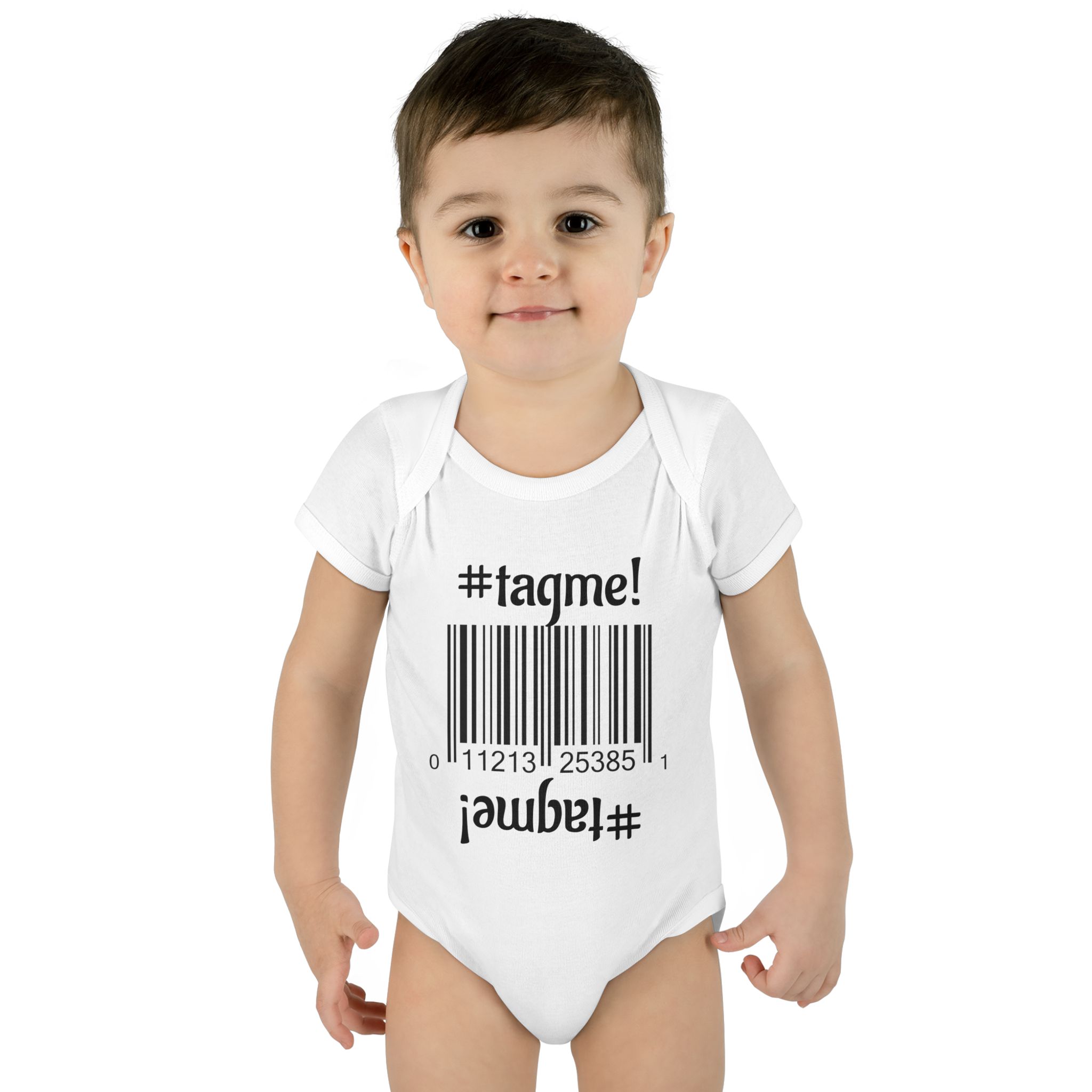 White Cotton baby bodysuit with barcode and #tagme design by Molanizzi