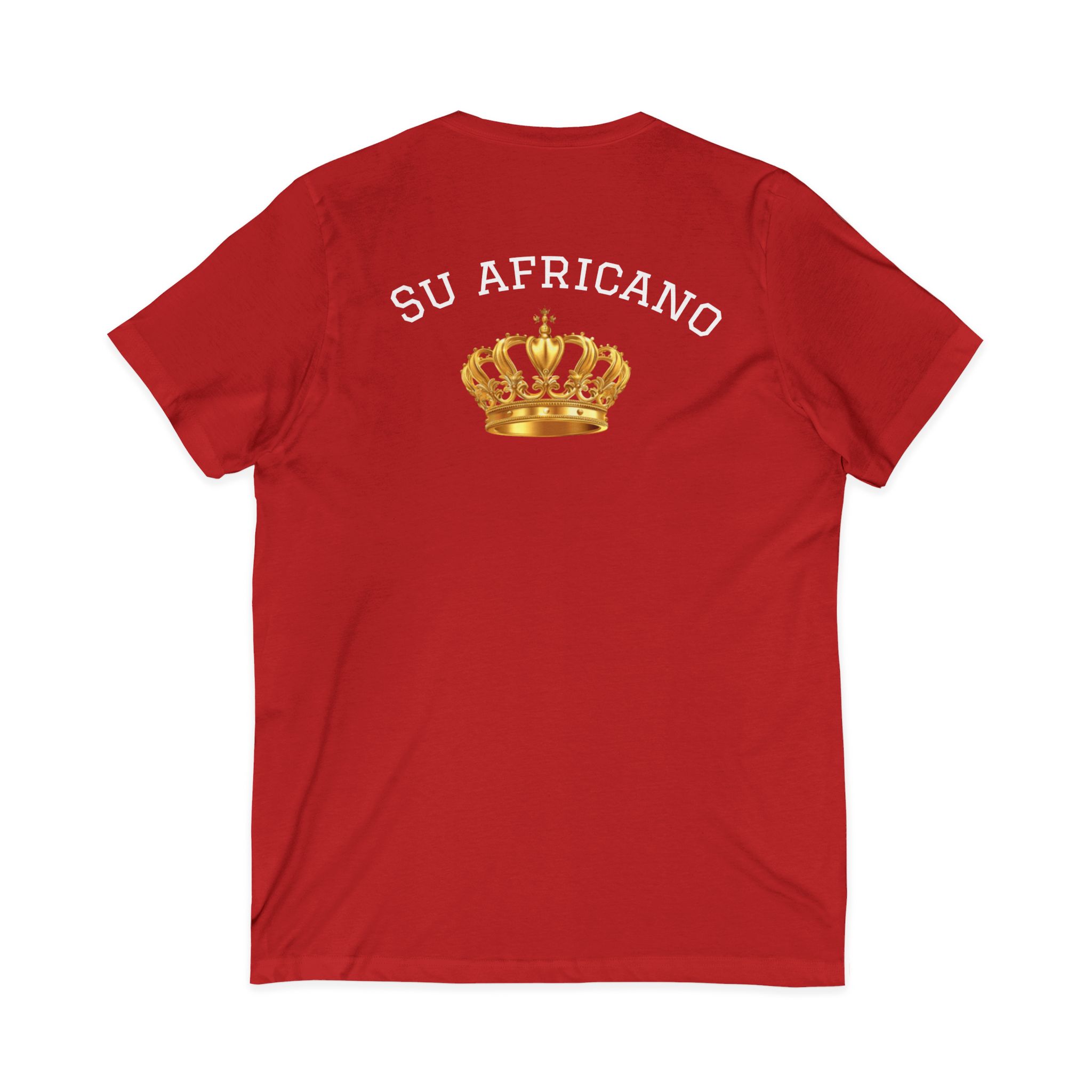 Molanizzi red unisex V-neck tee with "Su Africano" text and gold crown graphic