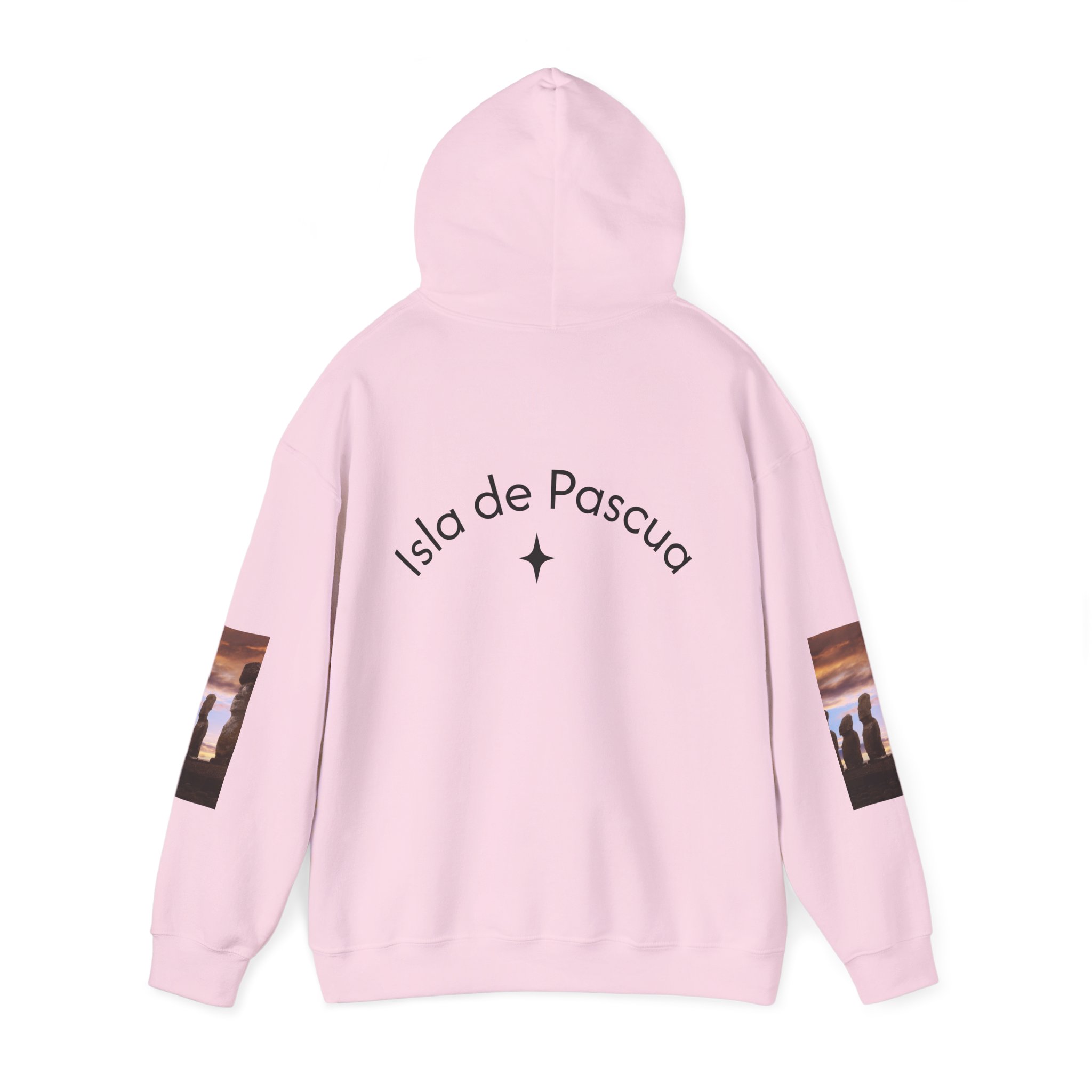 Hoodie sweatshirt with Easter Island Moai graphic and text. By Molanizzi