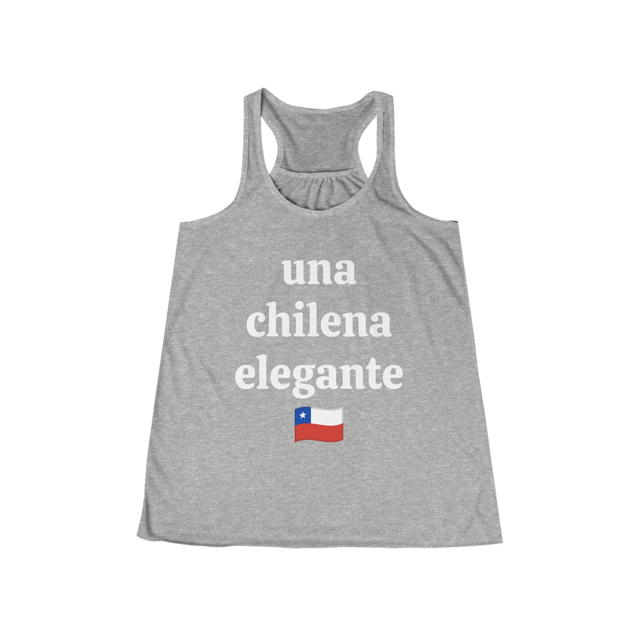 Molanizzi gray racerback tank top with "una chilena elegante" and Chilean flag. Flowy, perfect for summer.