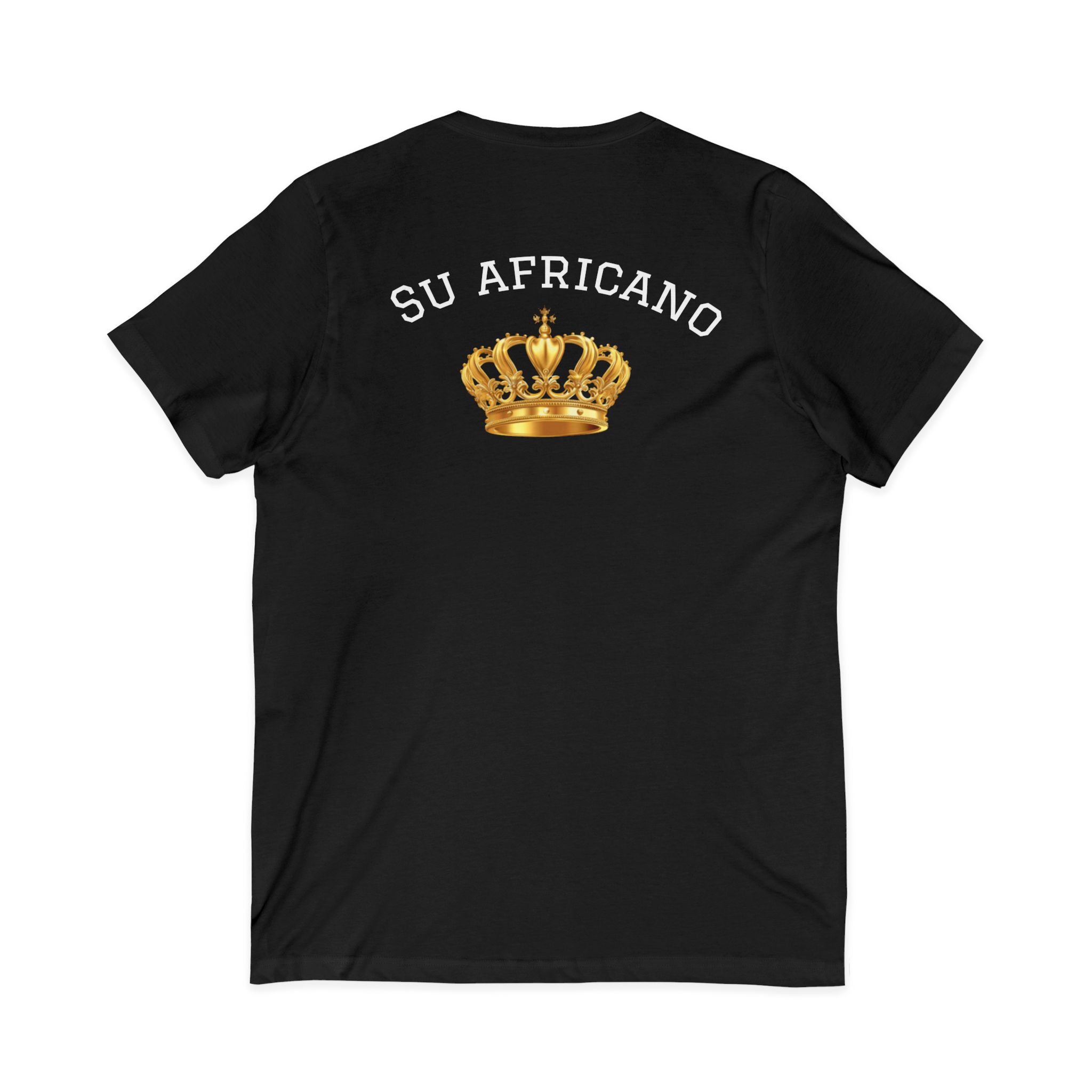 Unisex V-neck tee with "Su Africano" text and gold crown graphic