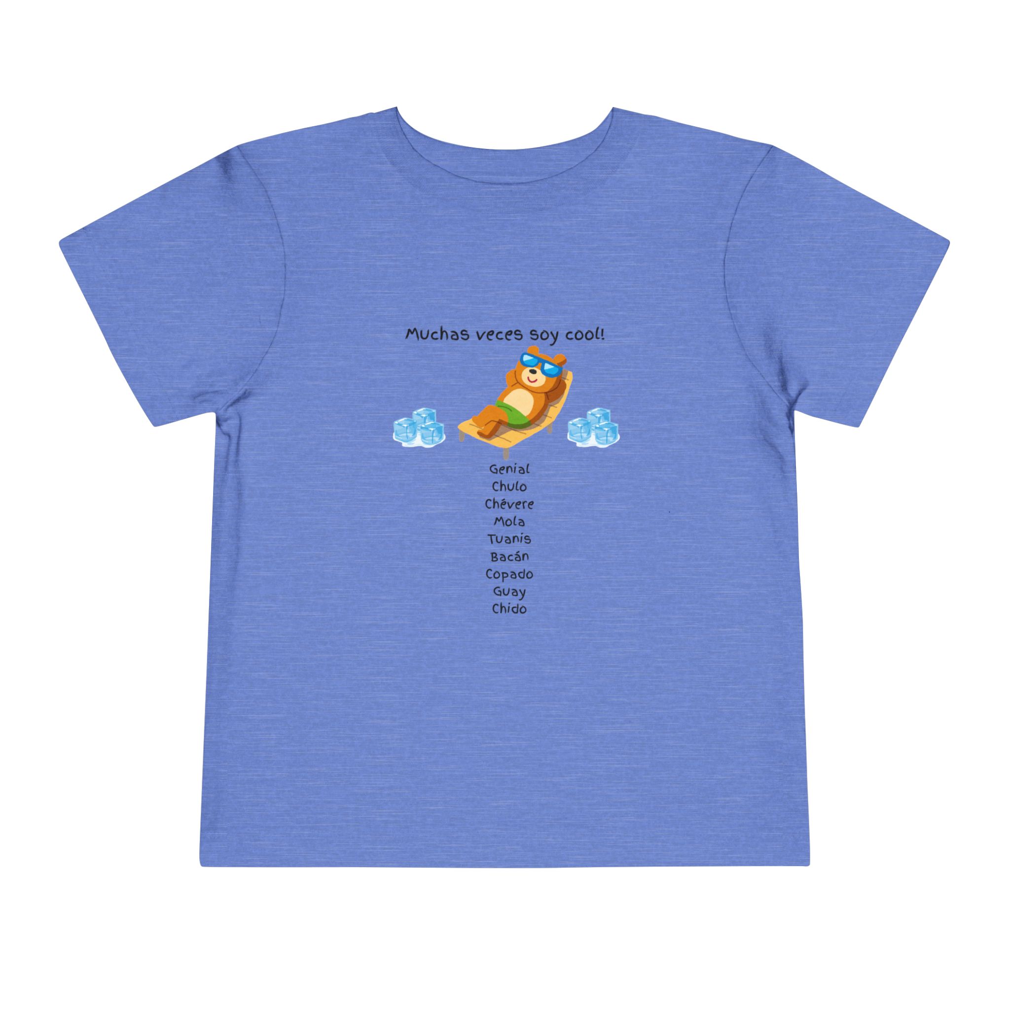 Toddler tee with "Muchas veces soy cool!" Spanish text and bear graphic