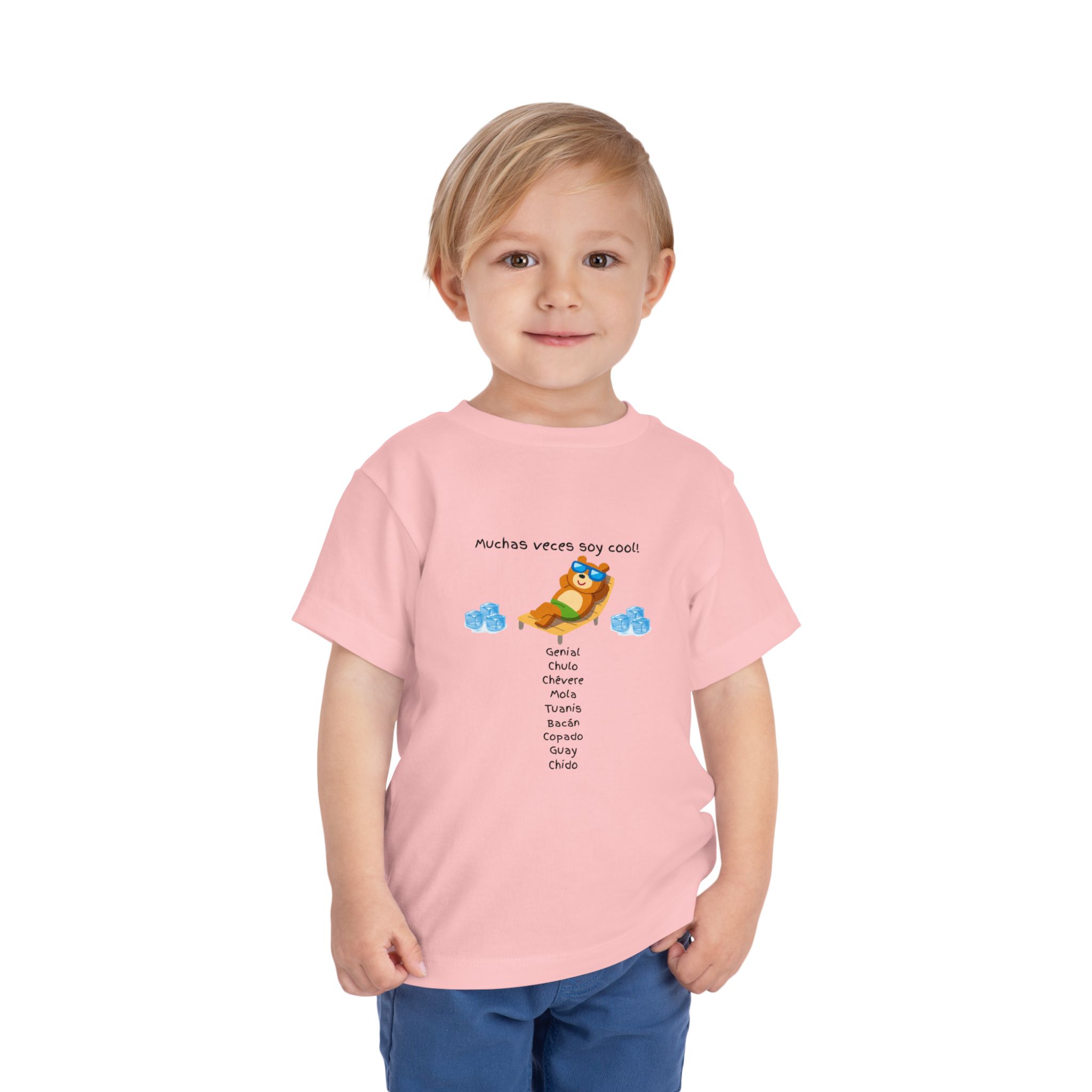 Toddler tee with "Muchas veces soy cool!" Spanish text and bear graphic