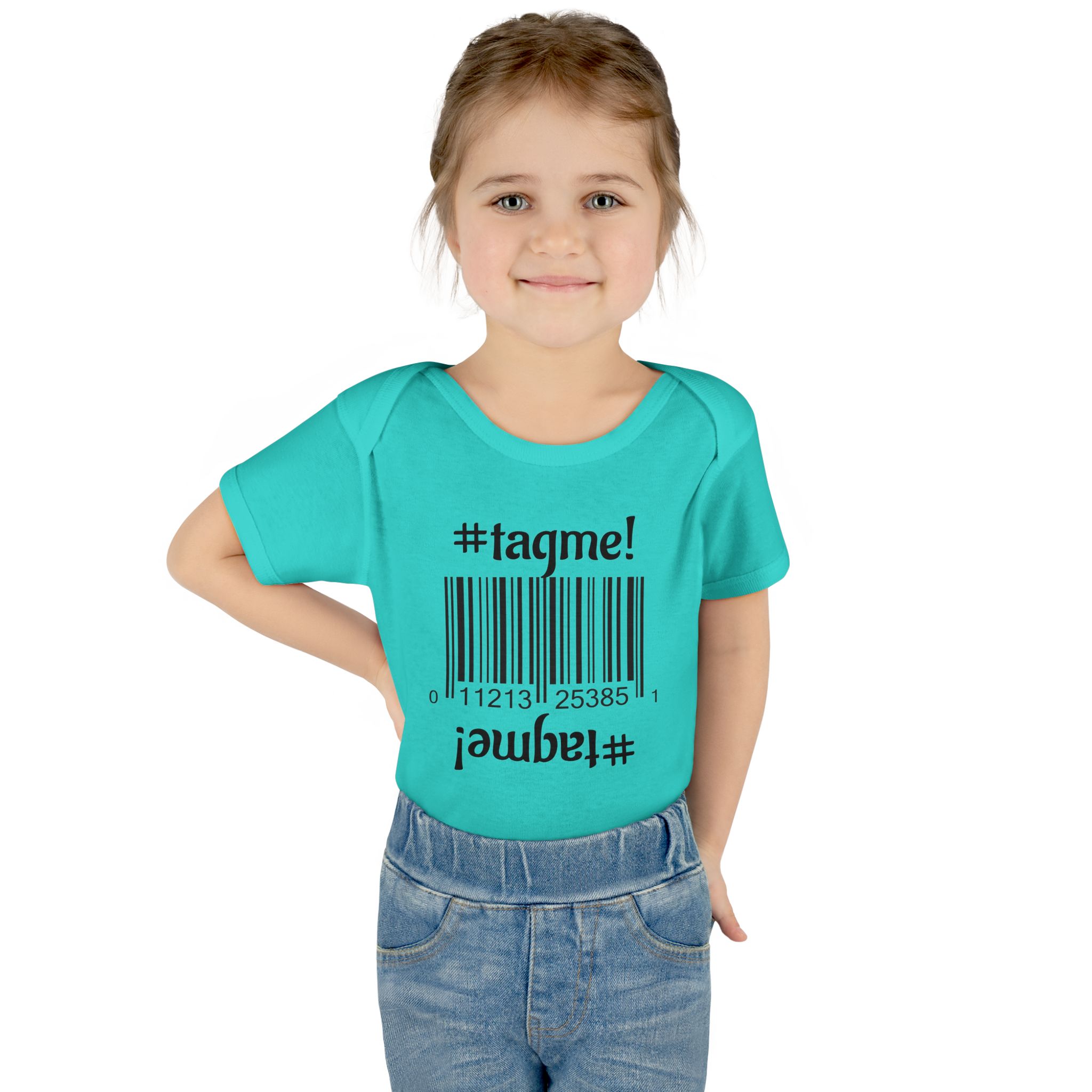 Cotton baby bodysuit with barcode and #tagme design by Molanizzi