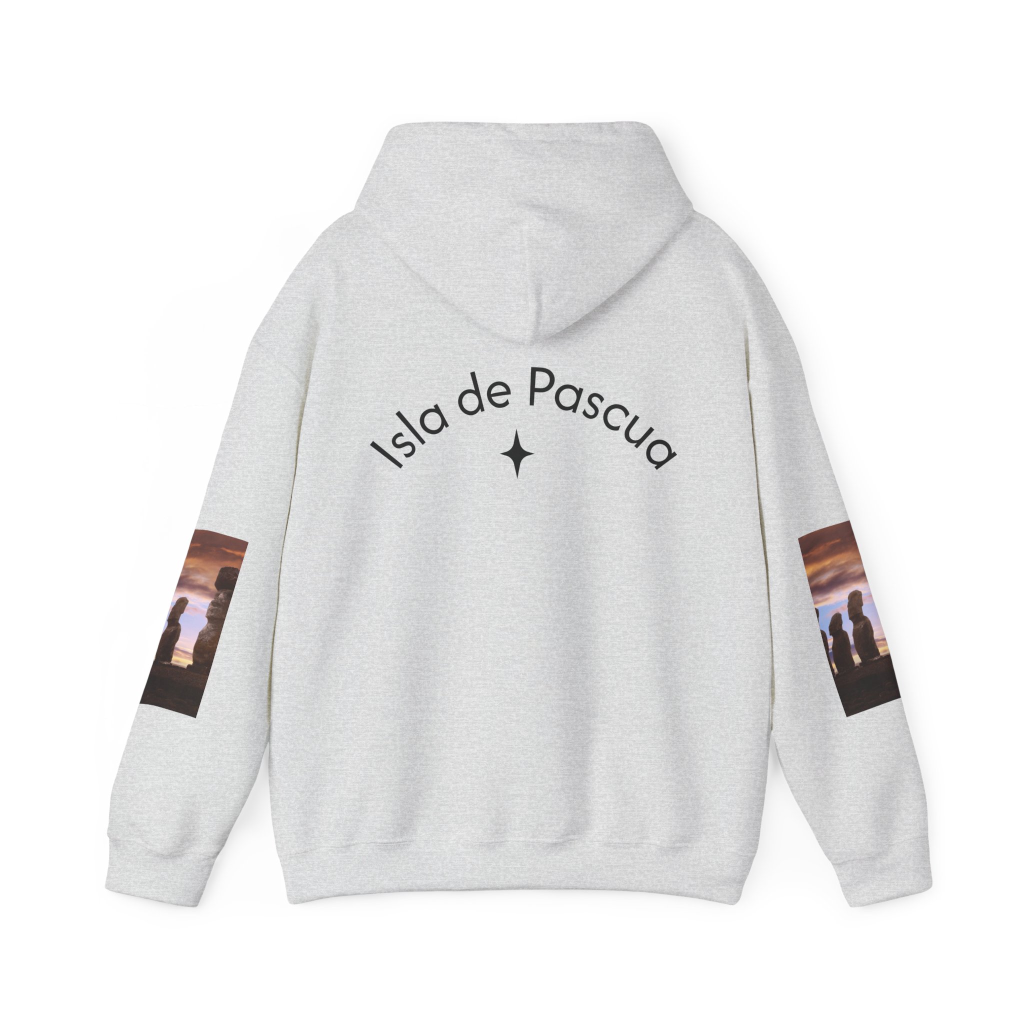 Hoodie sweatshirt with Easter Island Moai graphic and text. By Molanizzi