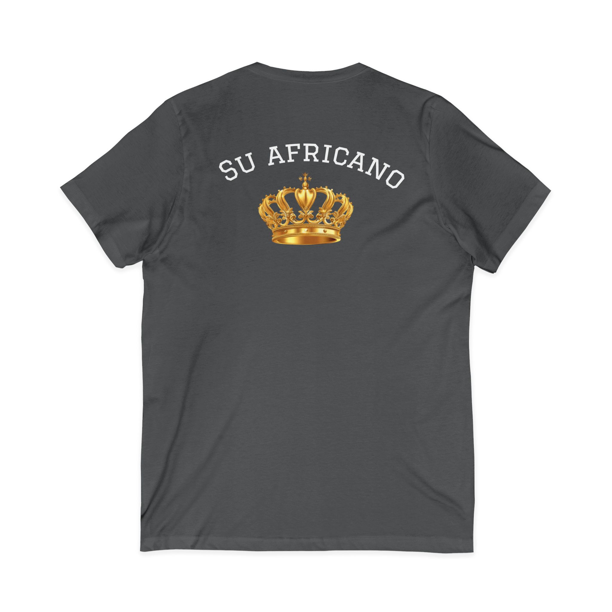 Unisex V-neck tee with "Su Africano" text and gold crown graphic
