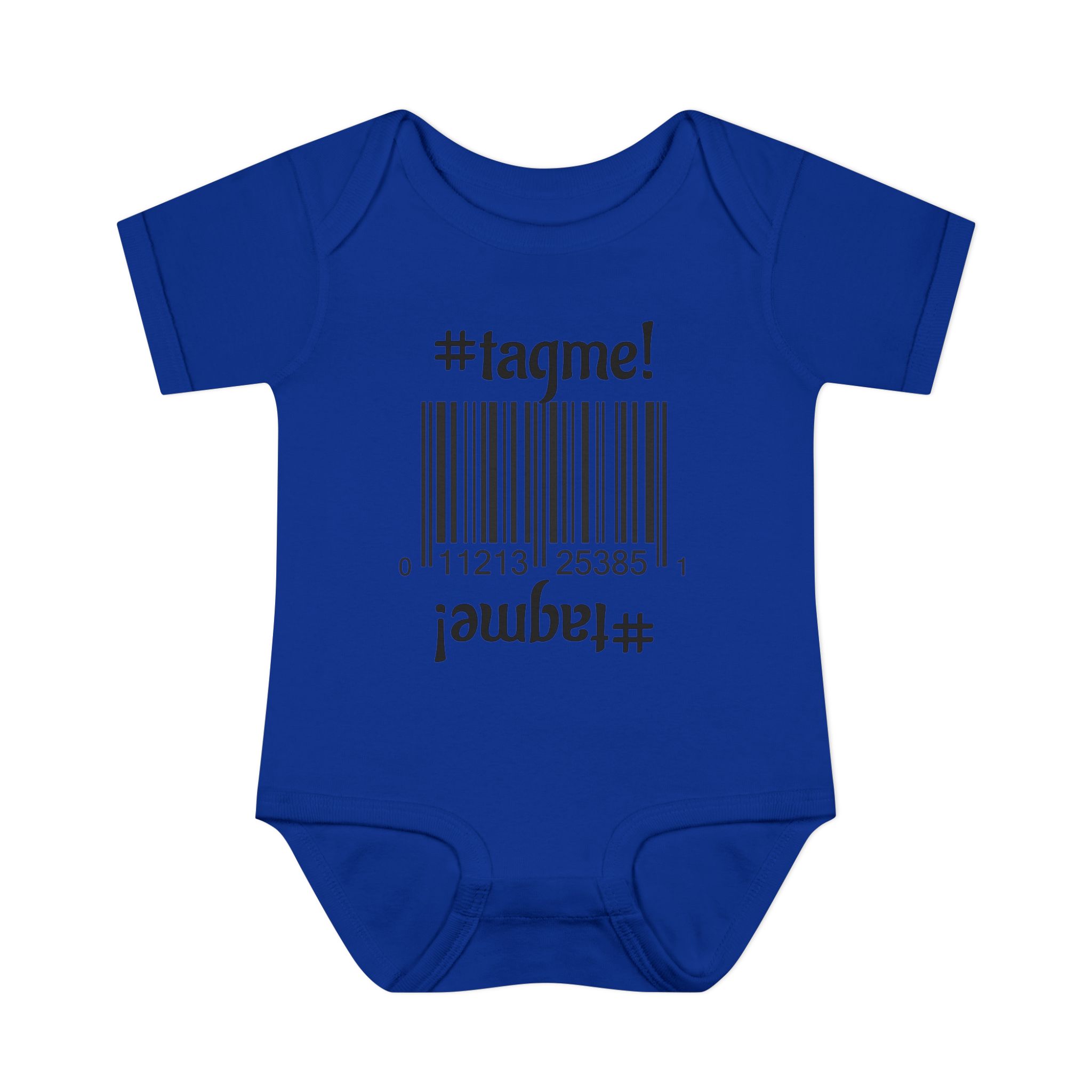 Cotton baby bodysuit with barcode and #tagme design by Molanizzi