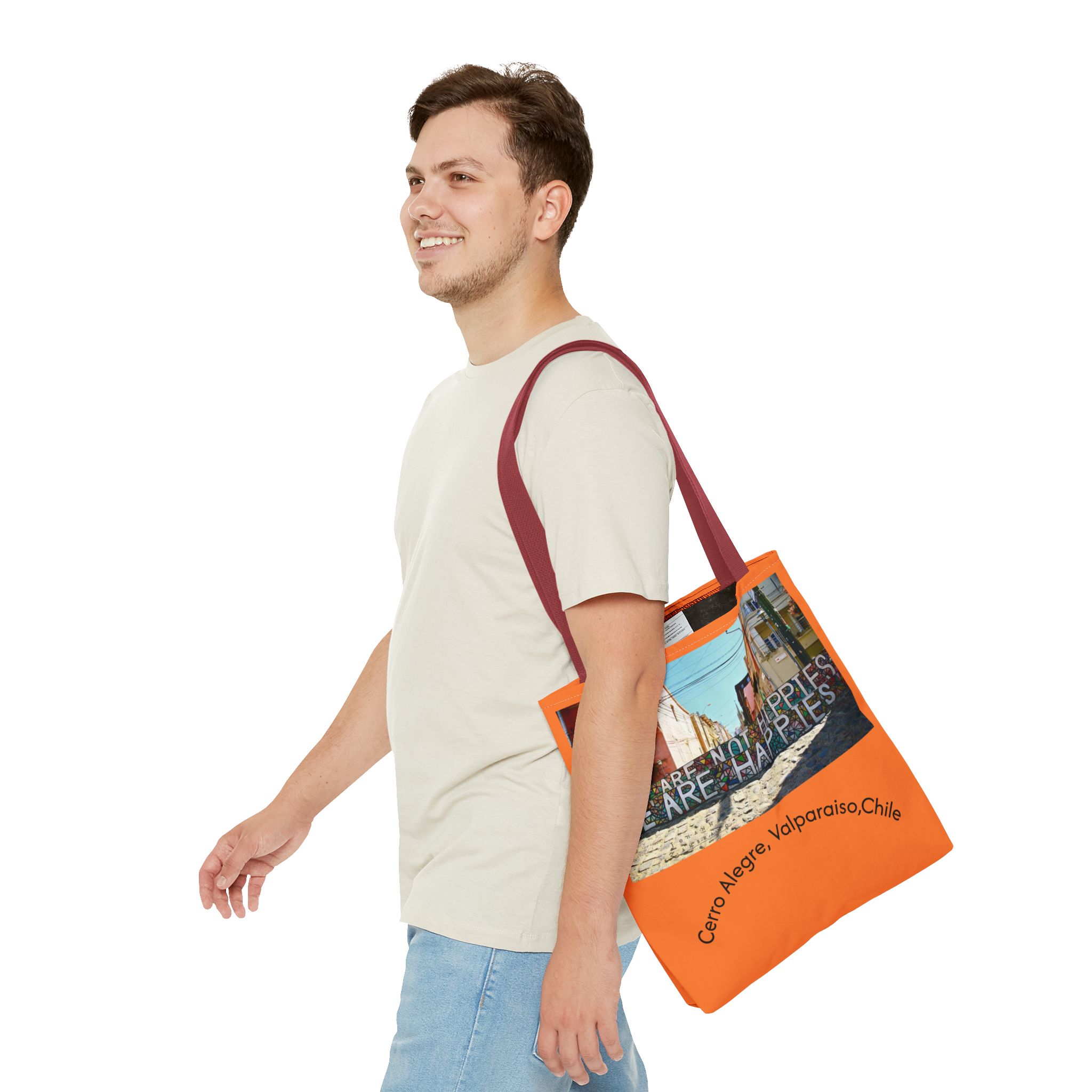 Orange colored Statement Tote bag with Valparaiso Graphic. By Molanizzi