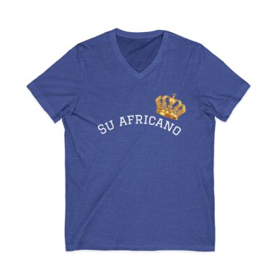 Unisex V-neck tee with "Su Africano" text and gold crown graphic