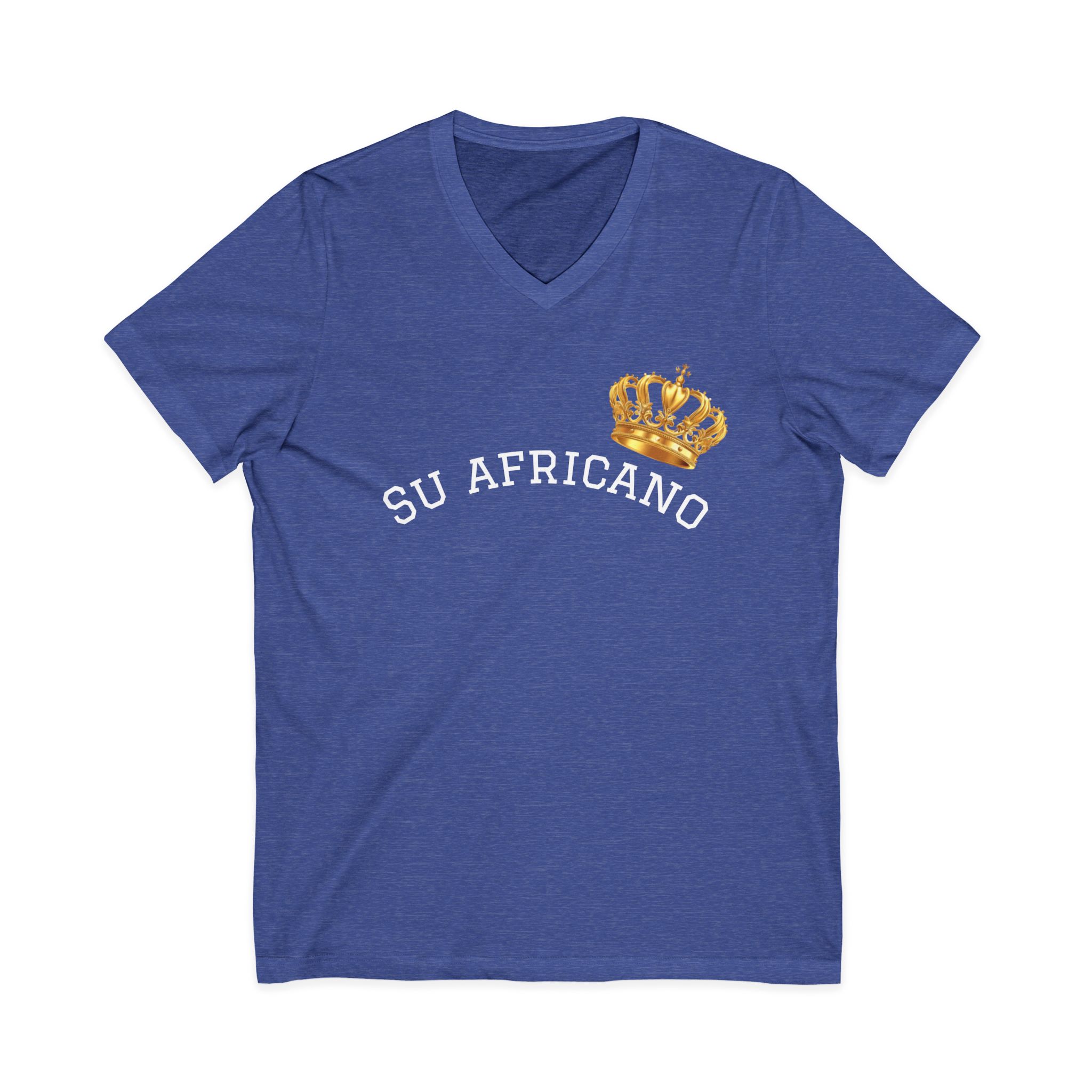 Unisex V-neck tee with "Su Africano" text and gold crown graphic