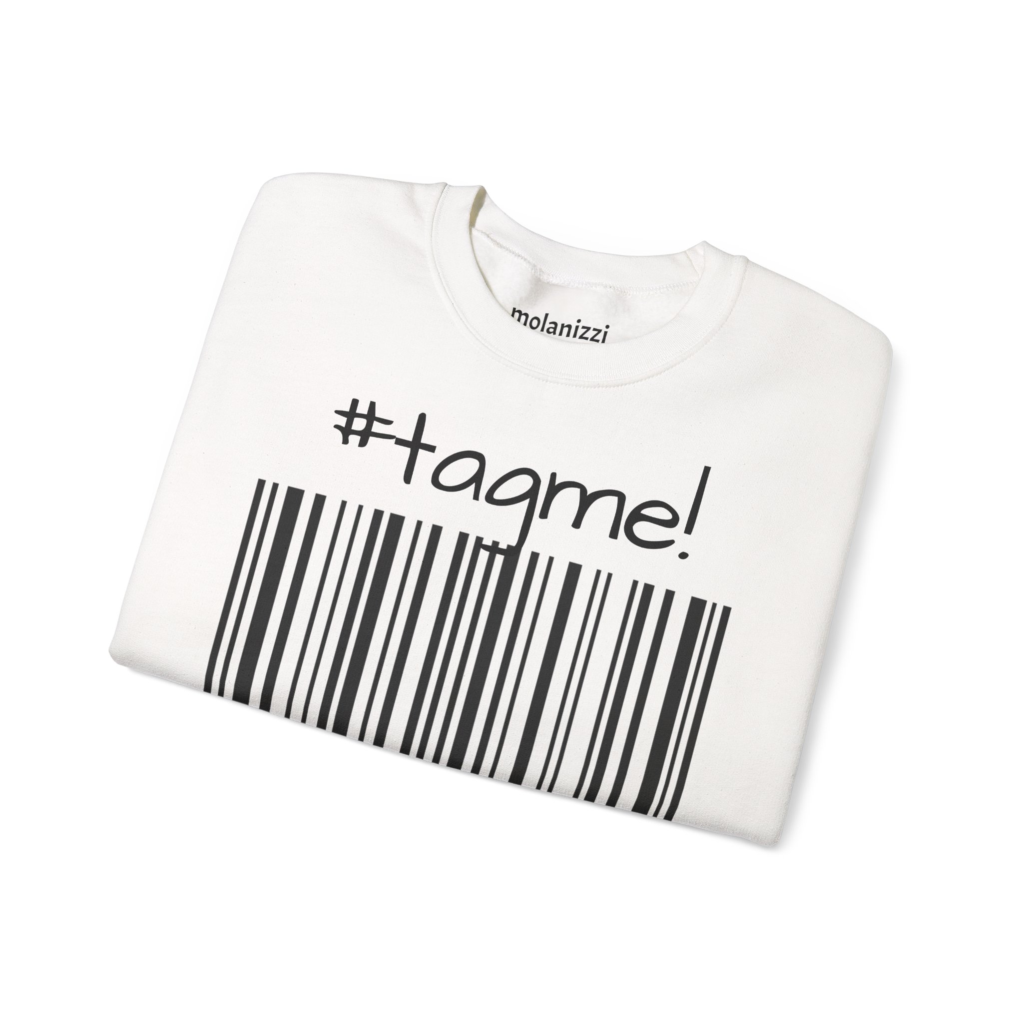 Crewneck sweatshirt with "#tagme!" barcode graphic by Molanizzi