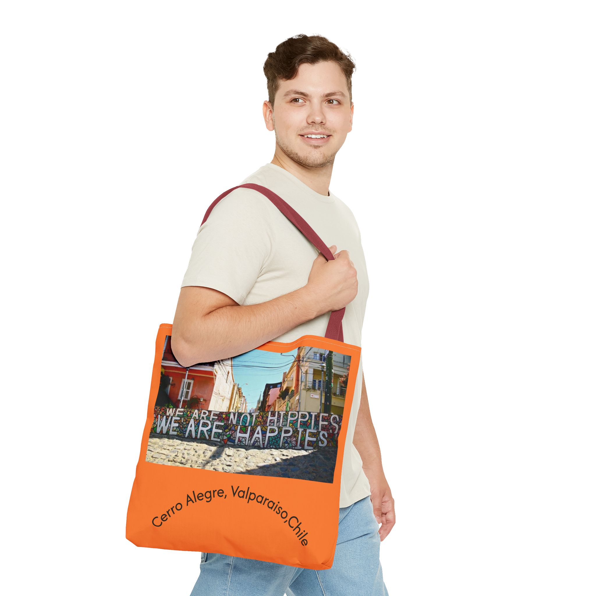 Orange colored Statement Tote bag with Valparaiso Graphic. By Molanizzi