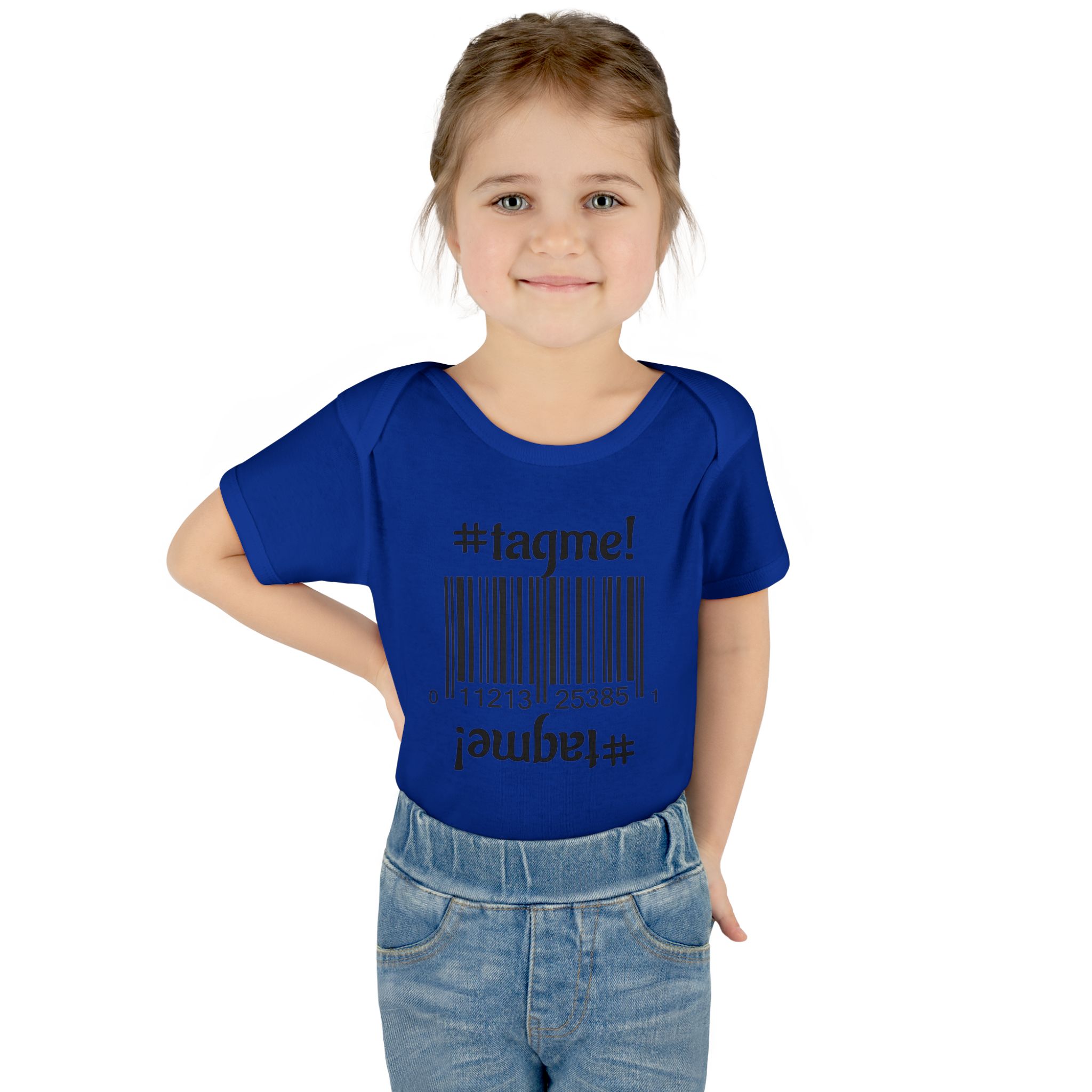Cotton baby bodysuit with barcode and #tagme design by Molanizzi