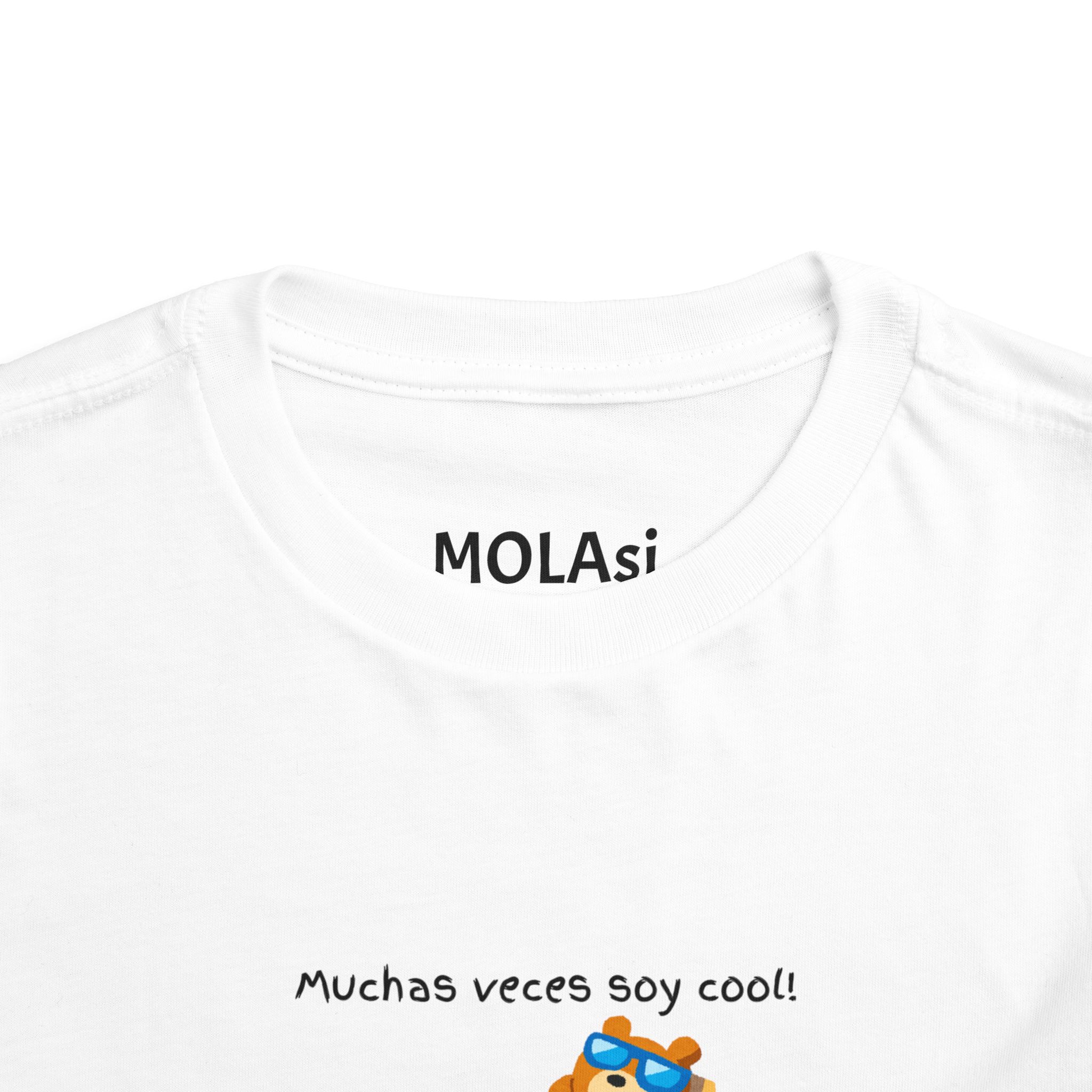 Toddler tee with "Muchas veces soy cool!" Spanish text and bear graphic