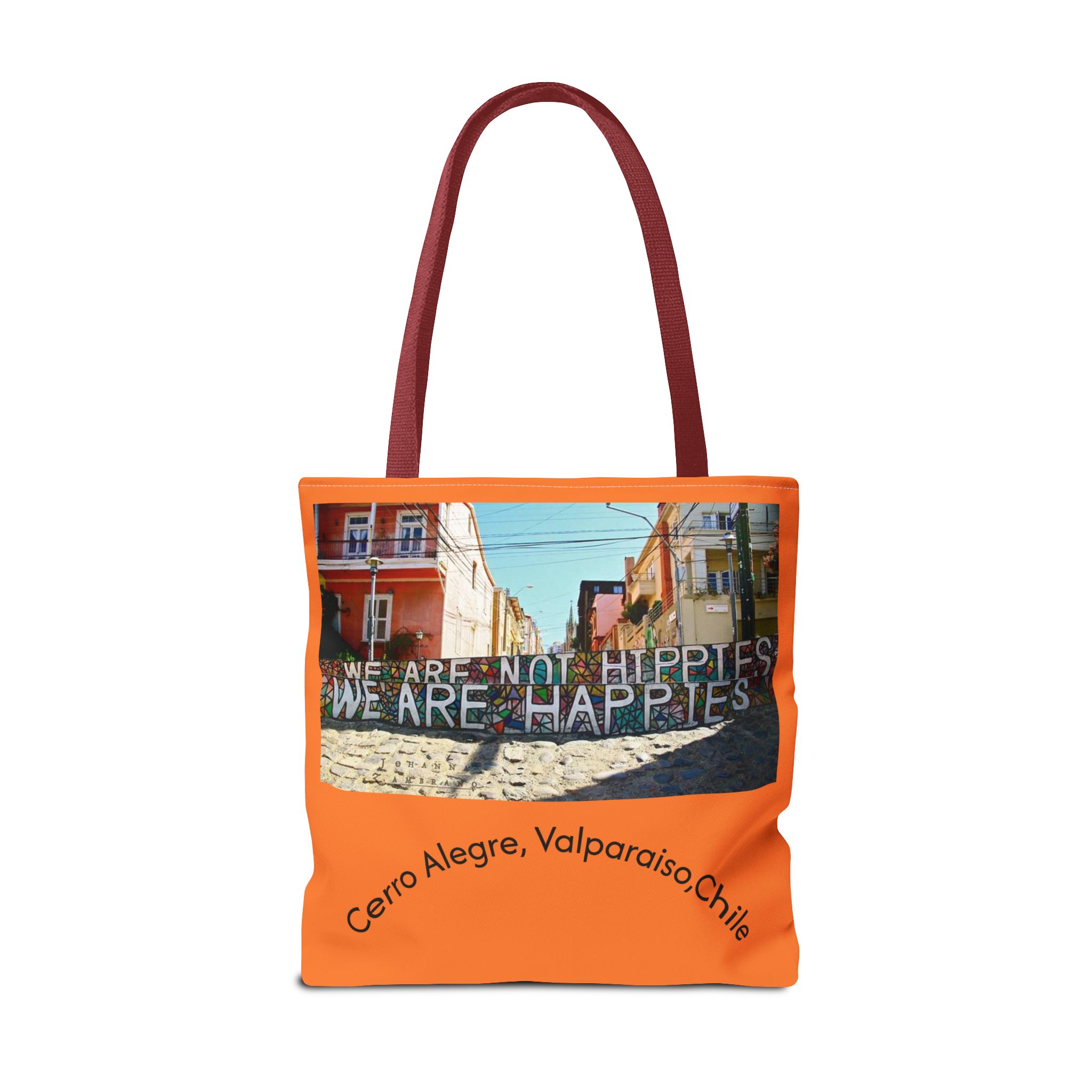 Orange colored Statement Tote bag with Valparaiso Graphic. By Molanizzi