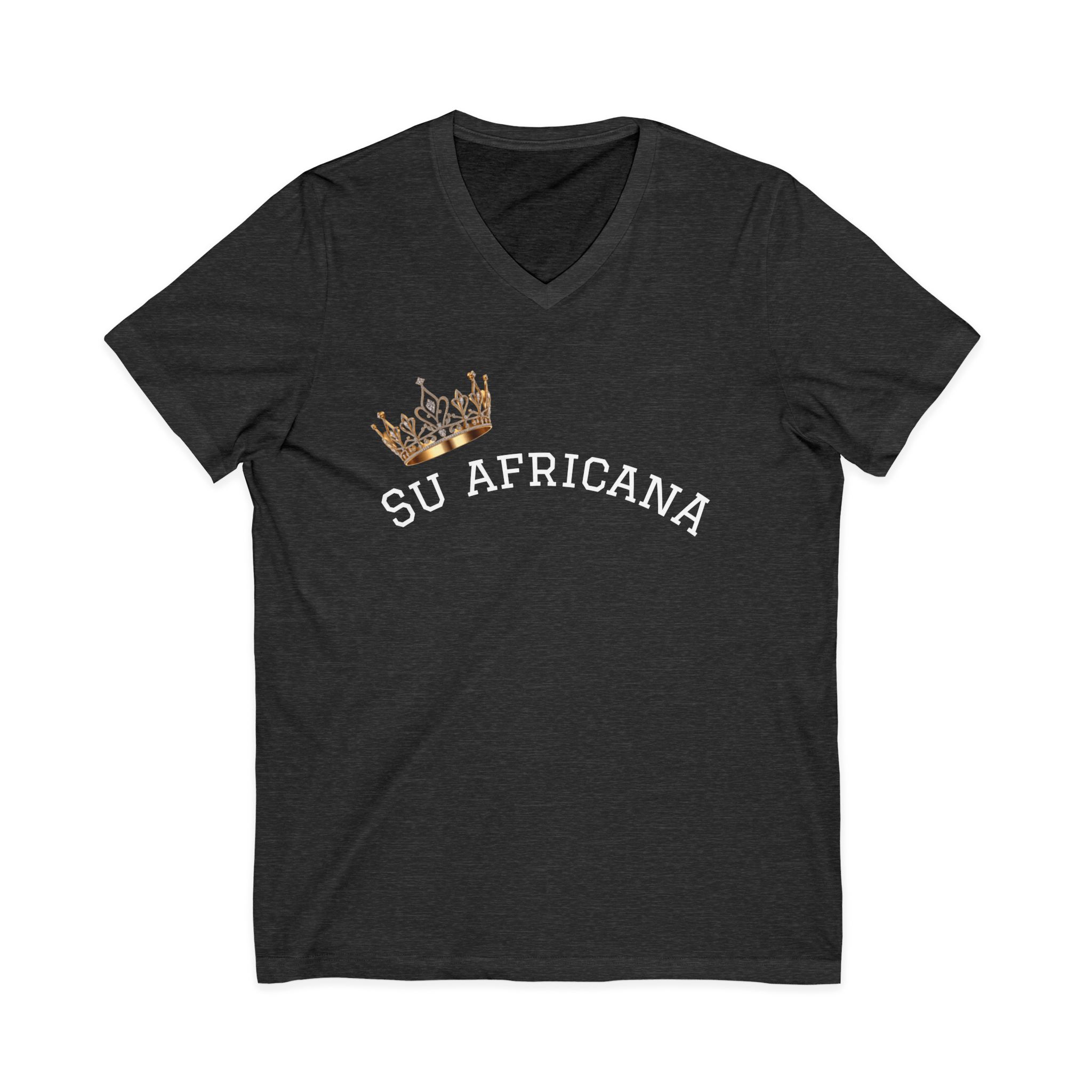 V-neck tee with "Su Africana" & crown graphic, unisex casual fashion