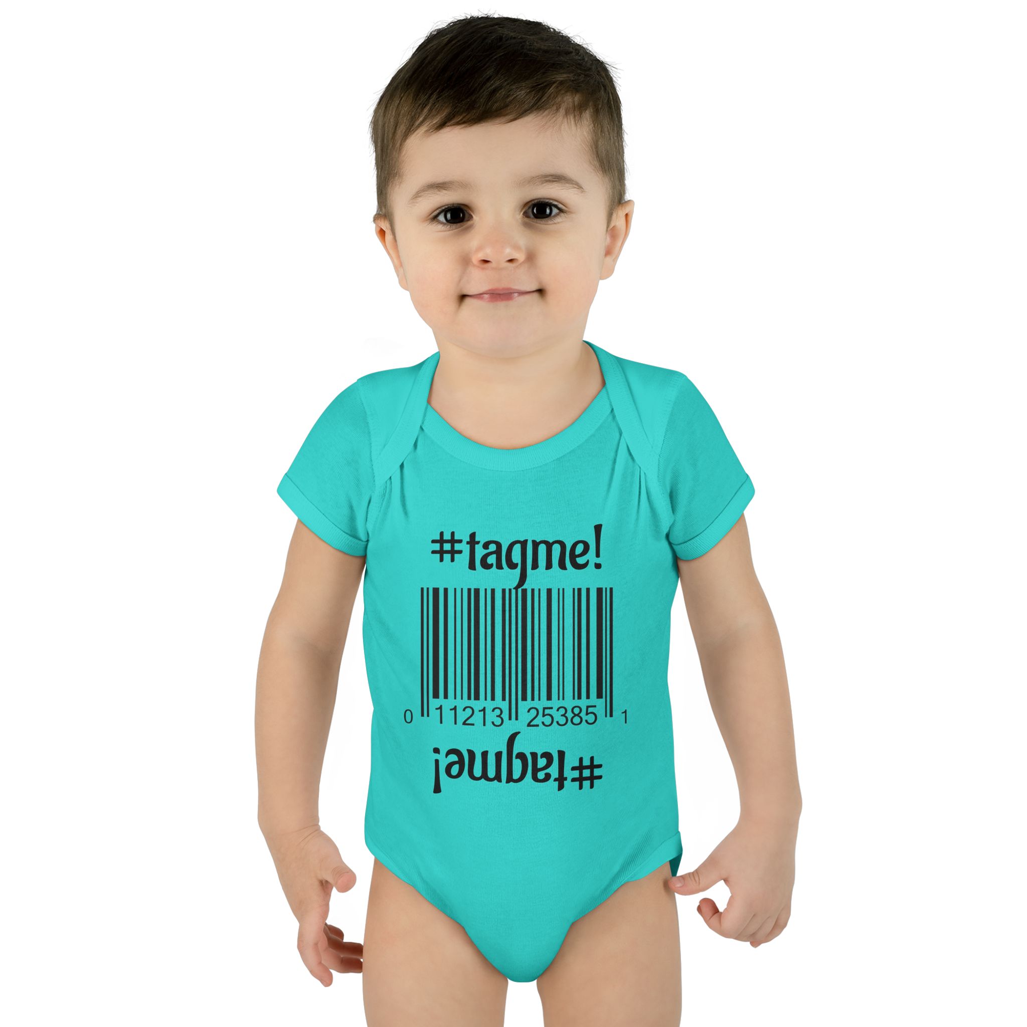 Cotton baby bodysuit with barcode and #tagme design by Molanizzi