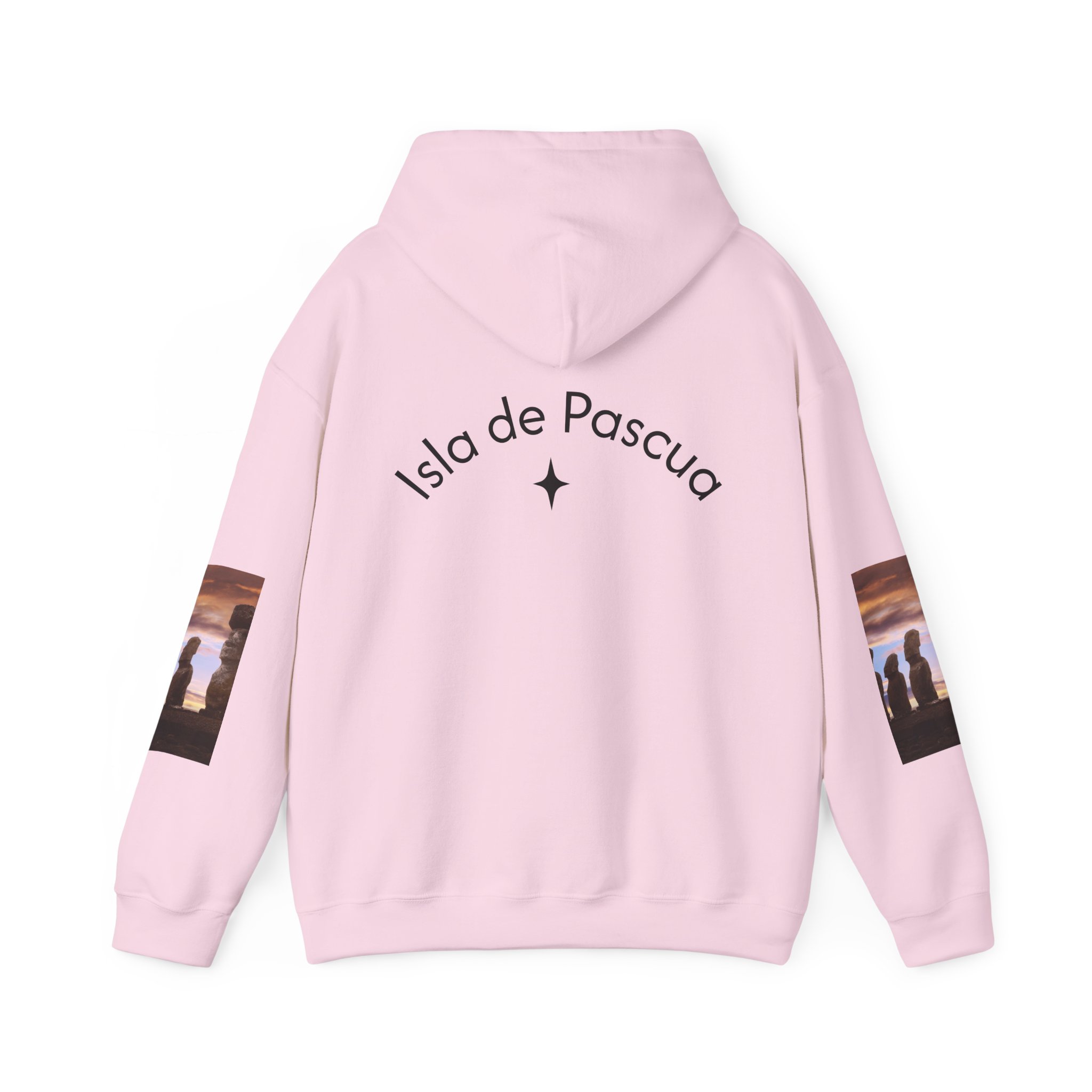 Hoodie sweatshirt with Easter Island Moai graphic and text. By Molanizzi