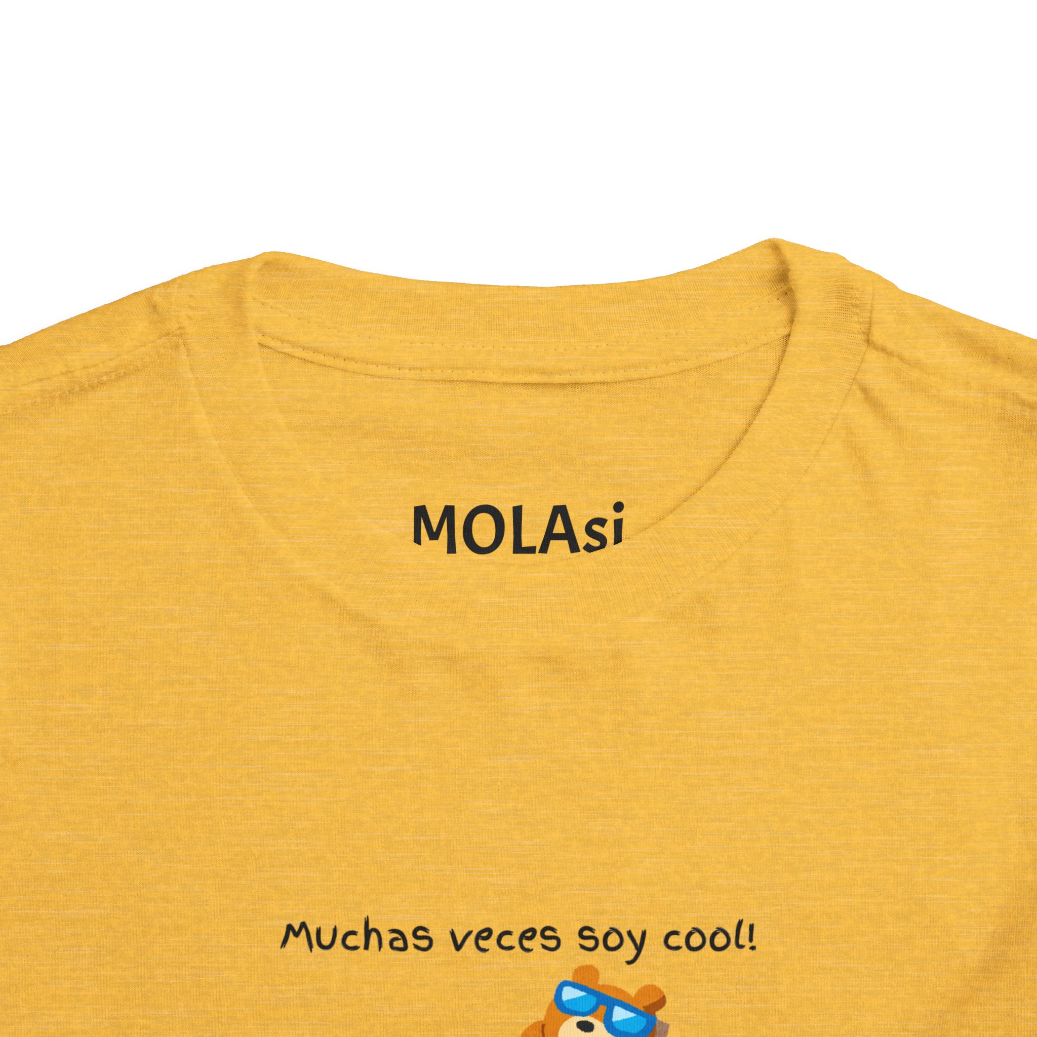 Toddler tee with "Muchas veces soy cool!" Spanish text and bear graphic