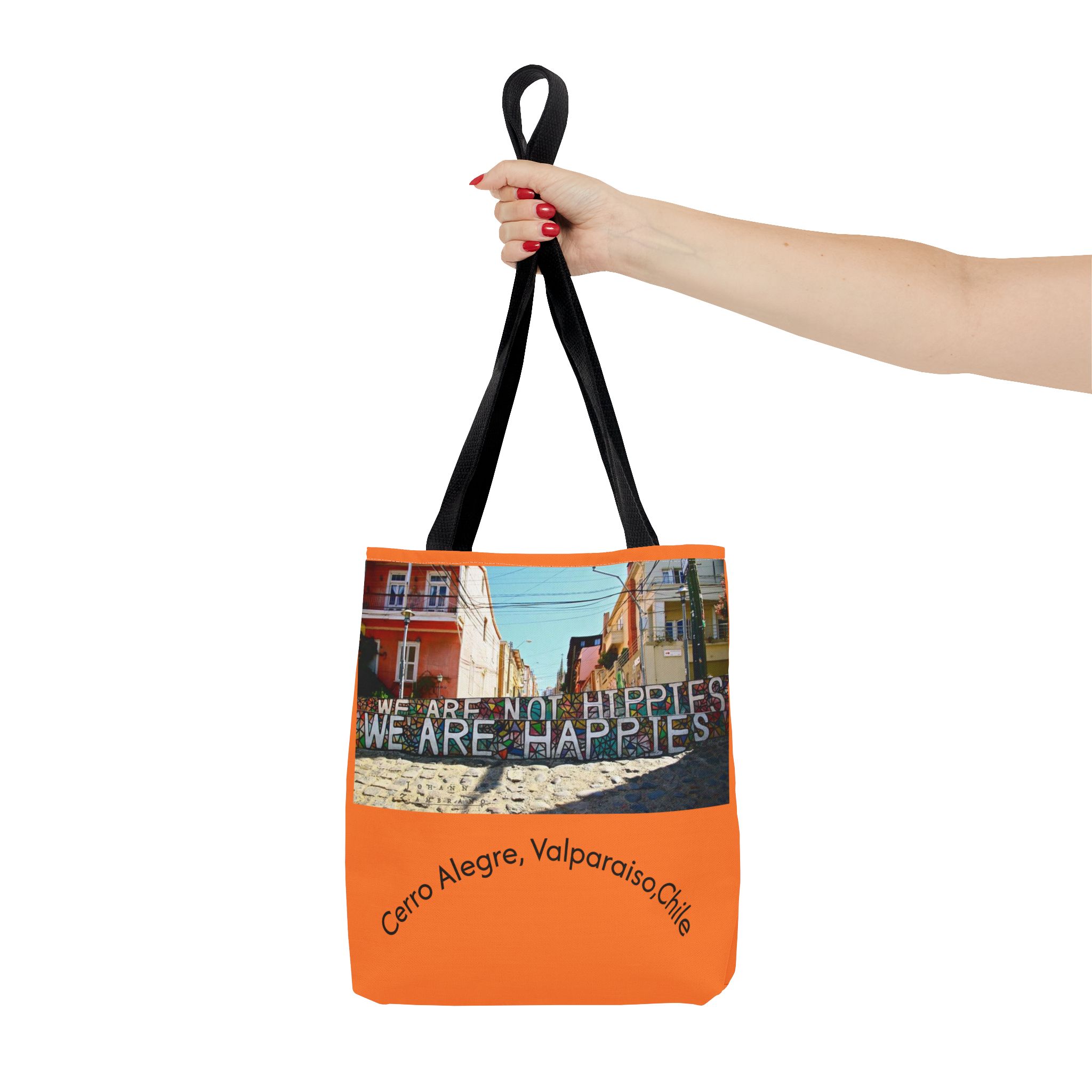Orange colored Statement Tote bag with Valparaiso Graphic. By Molanizzi