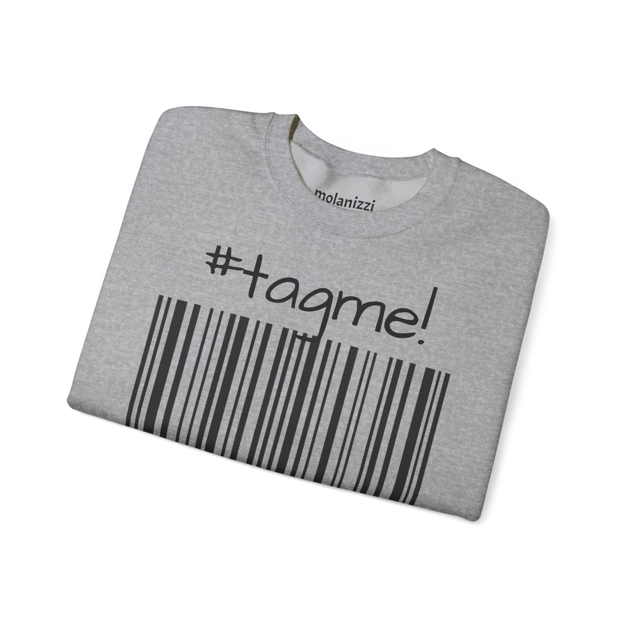 Crewneck sweatshirt with "#tagme!" barcode graphic by Molanizzi