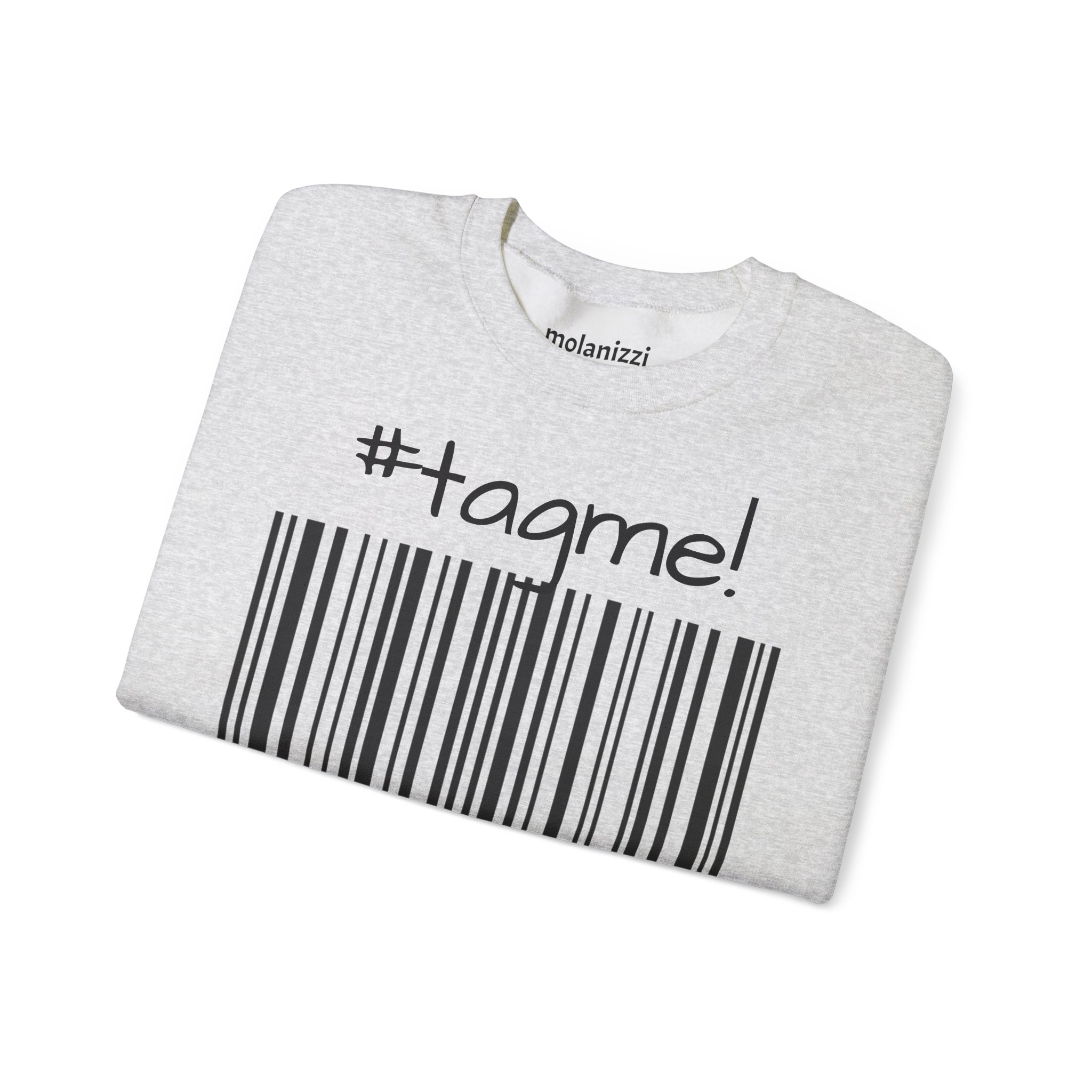 Crewneck sweatshirt with "#tagme!" barcode graphic by Molanizzi