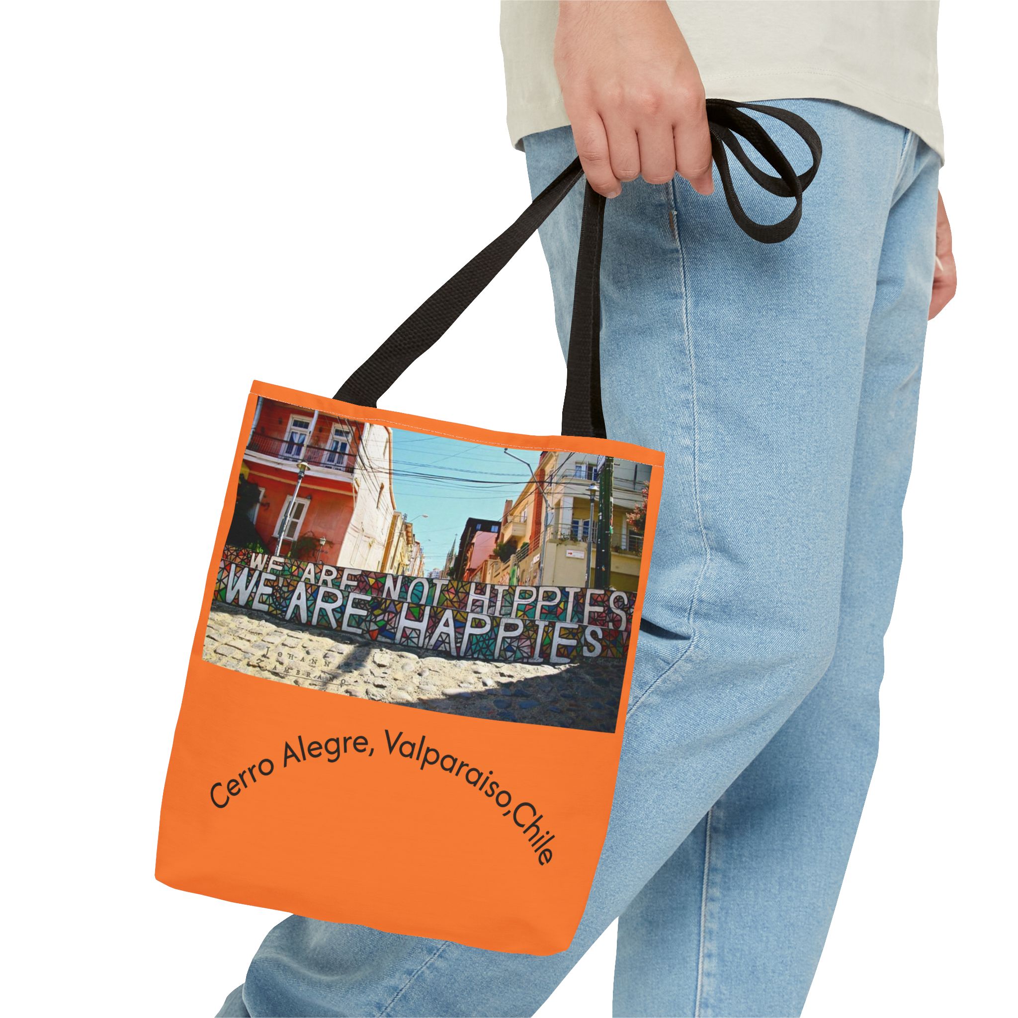 Orange colored Statement Tote bag with Valparaiso Graphic. By Molanizzi