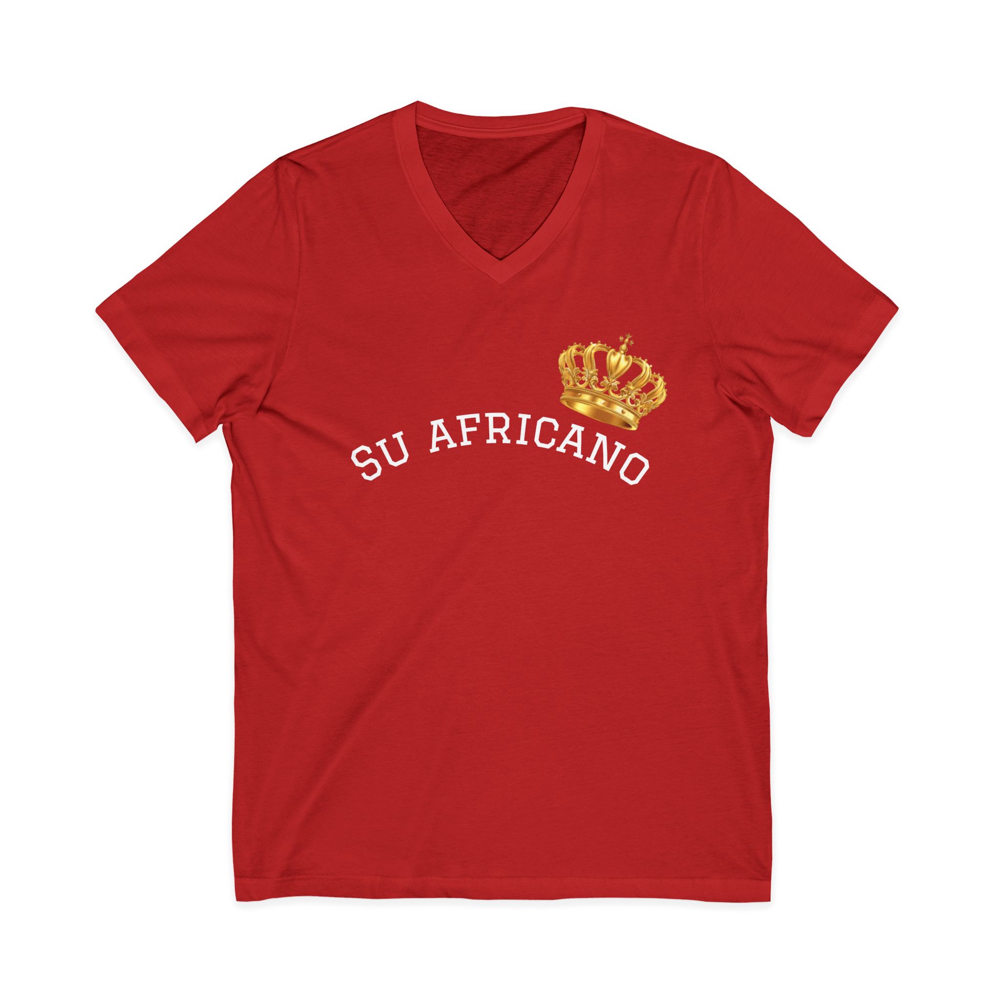 Unisex V-neck tee with "Su Africano" text and gold crown graphic