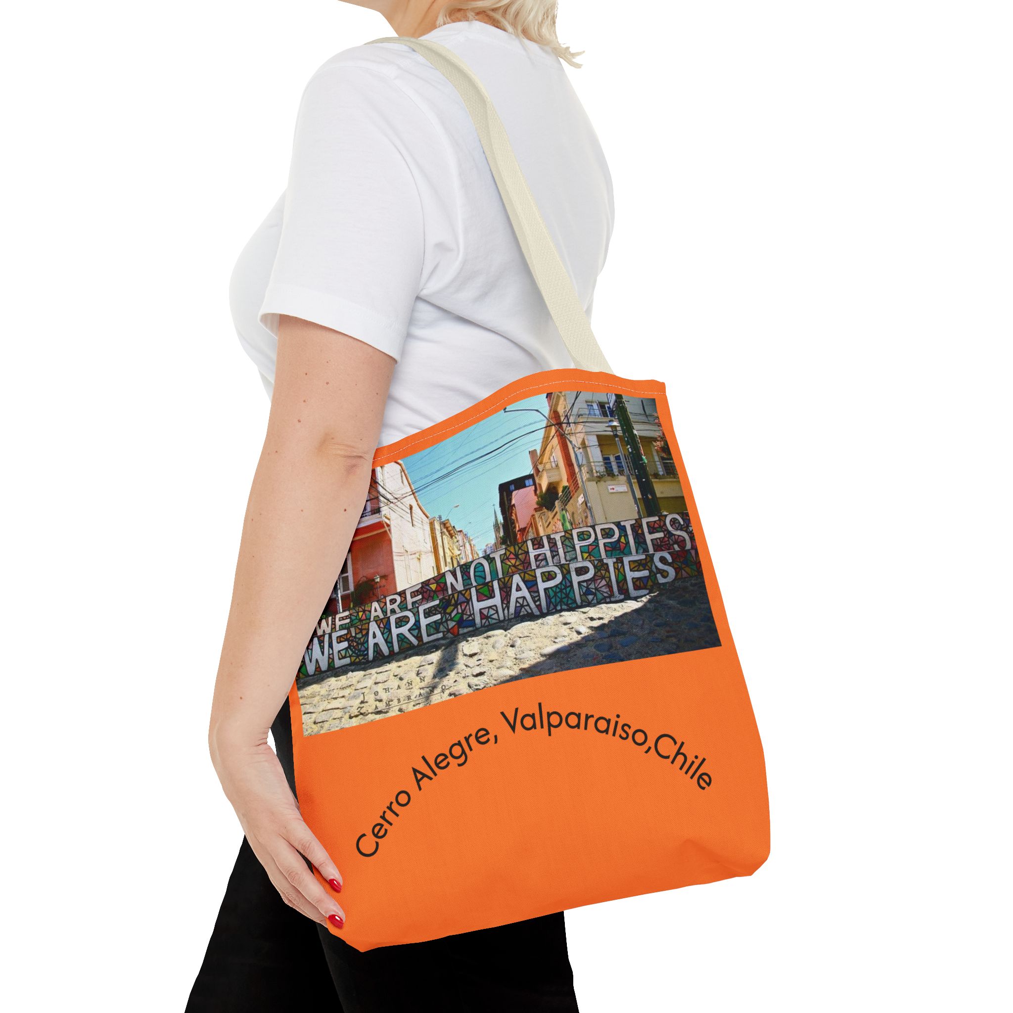 Orange colored Statement Tote bag with Valparaiso Graphic. By Molanizzi