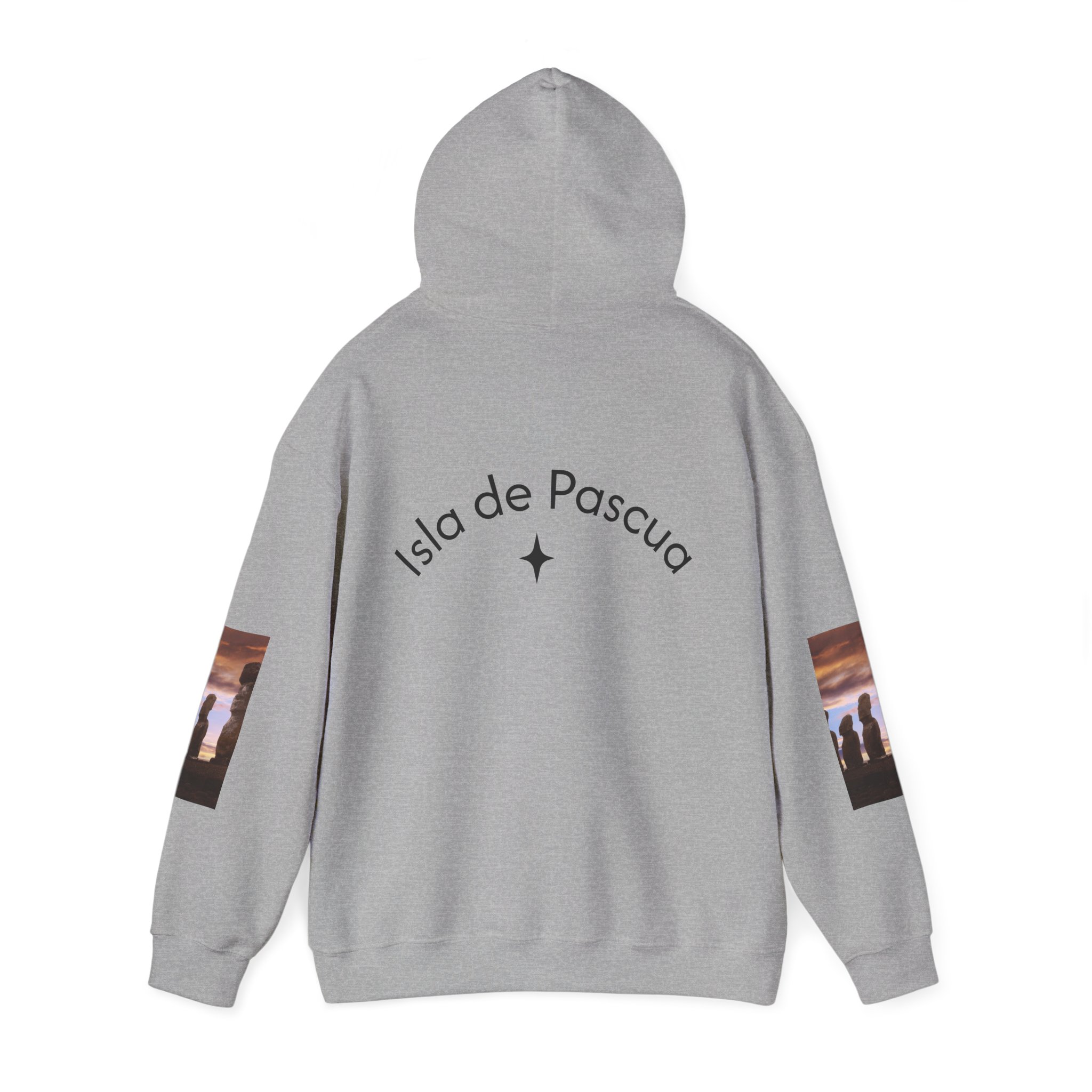 Hoodie sweatshirt with Easter Island Moai graphic and text. By Molanizzi