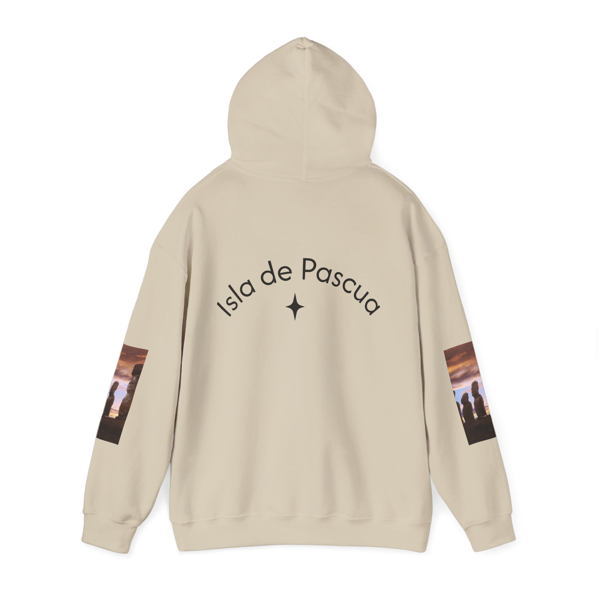 Hoodie sweatshirt with Easter Island Moai graphic and text. By Molanizzi