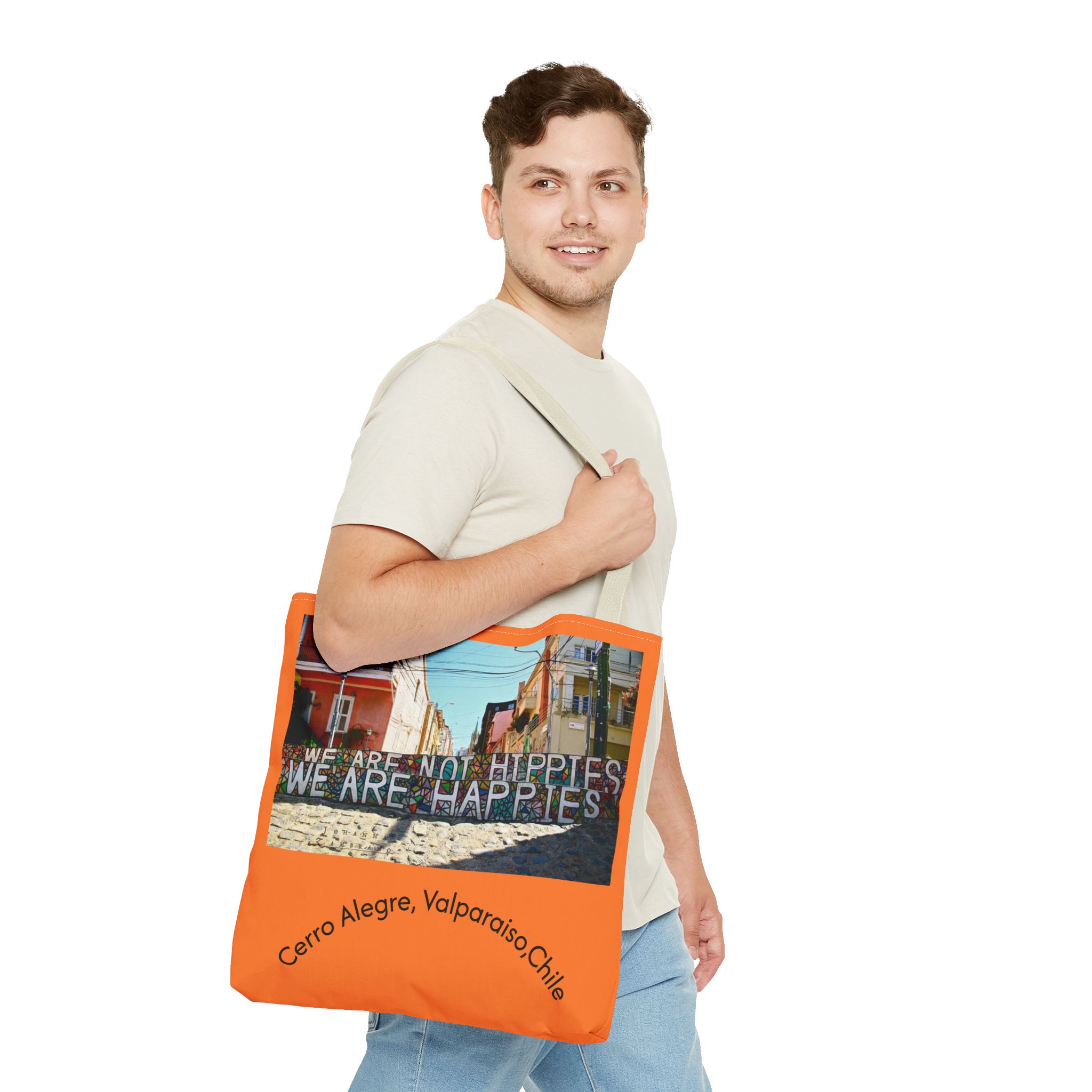 Orange colored Statement Tote bag with Valparaiso Graphic. By Molanizzi