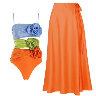 Women's Color-Blocked Flower Swimwear Set – Strapless Bodysuit