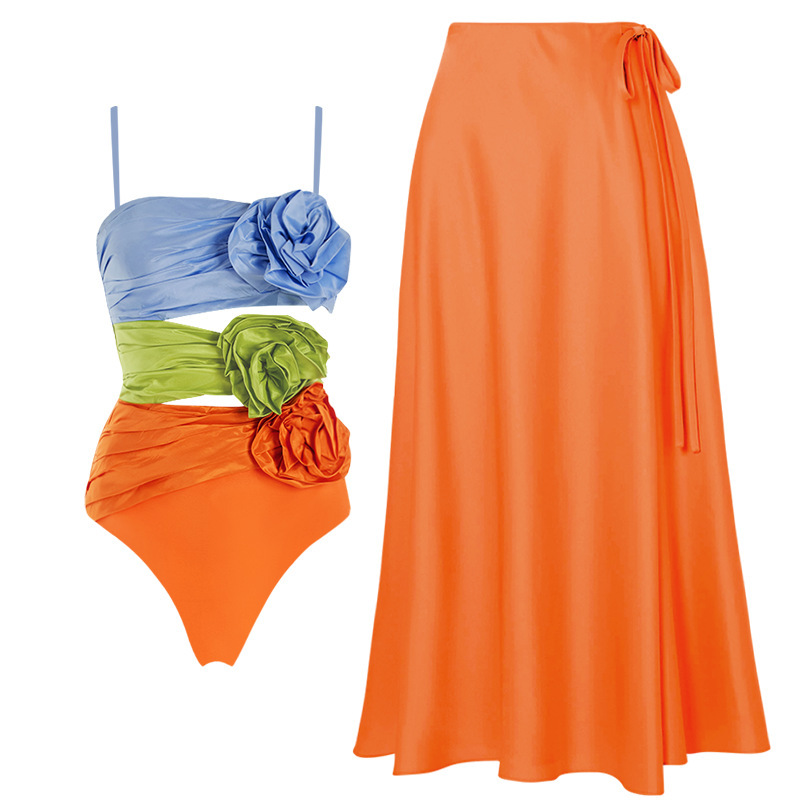 Women's Color-Blocked Flower Swimwear Set – Strapless Bodysuit